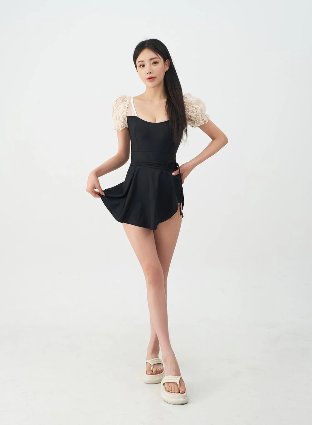 Lacy Shoulder Onepiece Swimsuit and Wrap Skirt Set IJ13 - Image 4