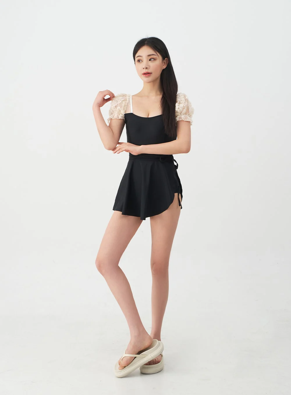 Lacy Shoulder Onepiece Swimsuit and Wrap Skirt Set IJ13 - Image 5