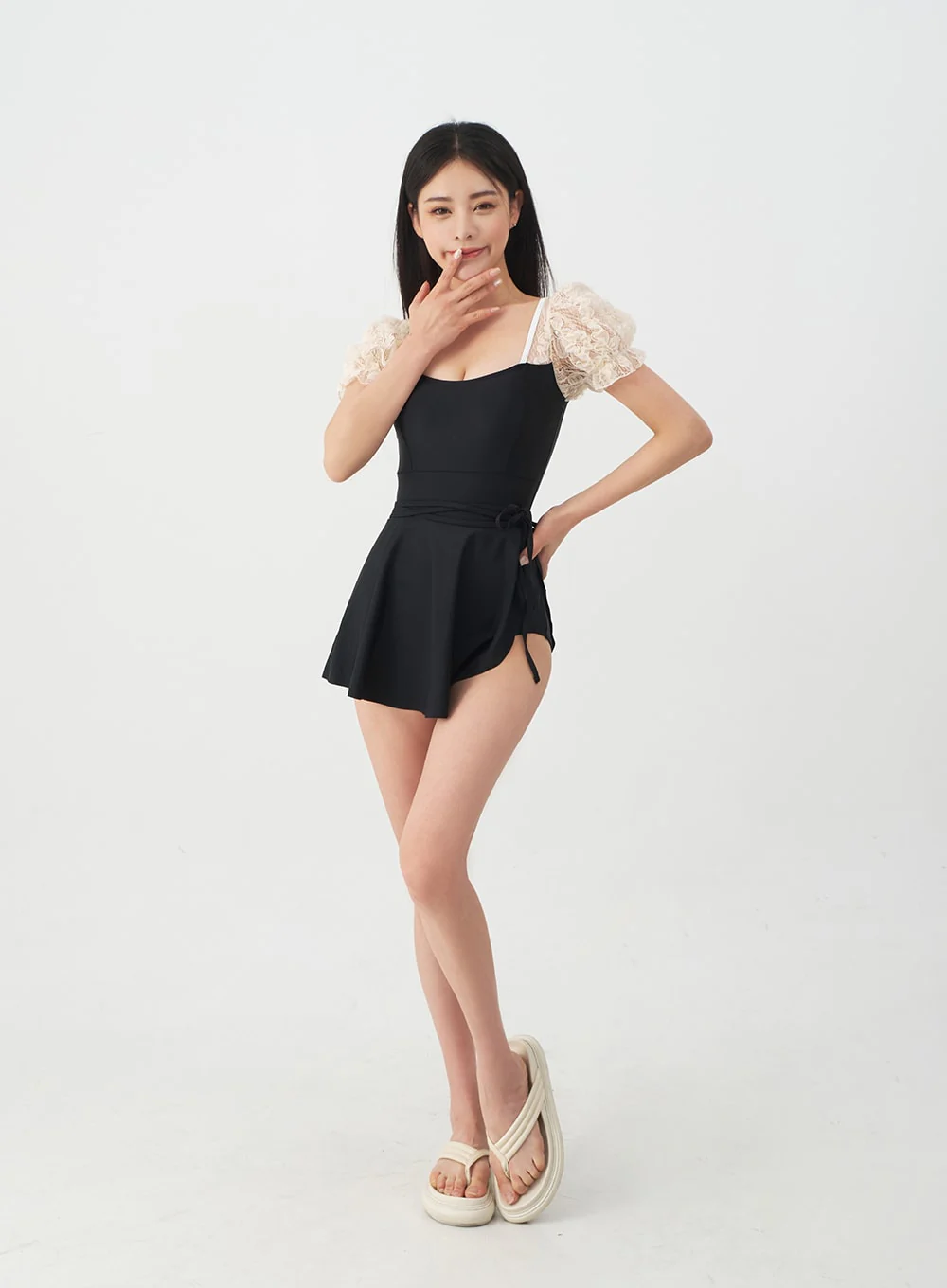 Lacy Shoulder Onepiece Swimsuit and Wrap Skirt Set IJ13 - Image 7
