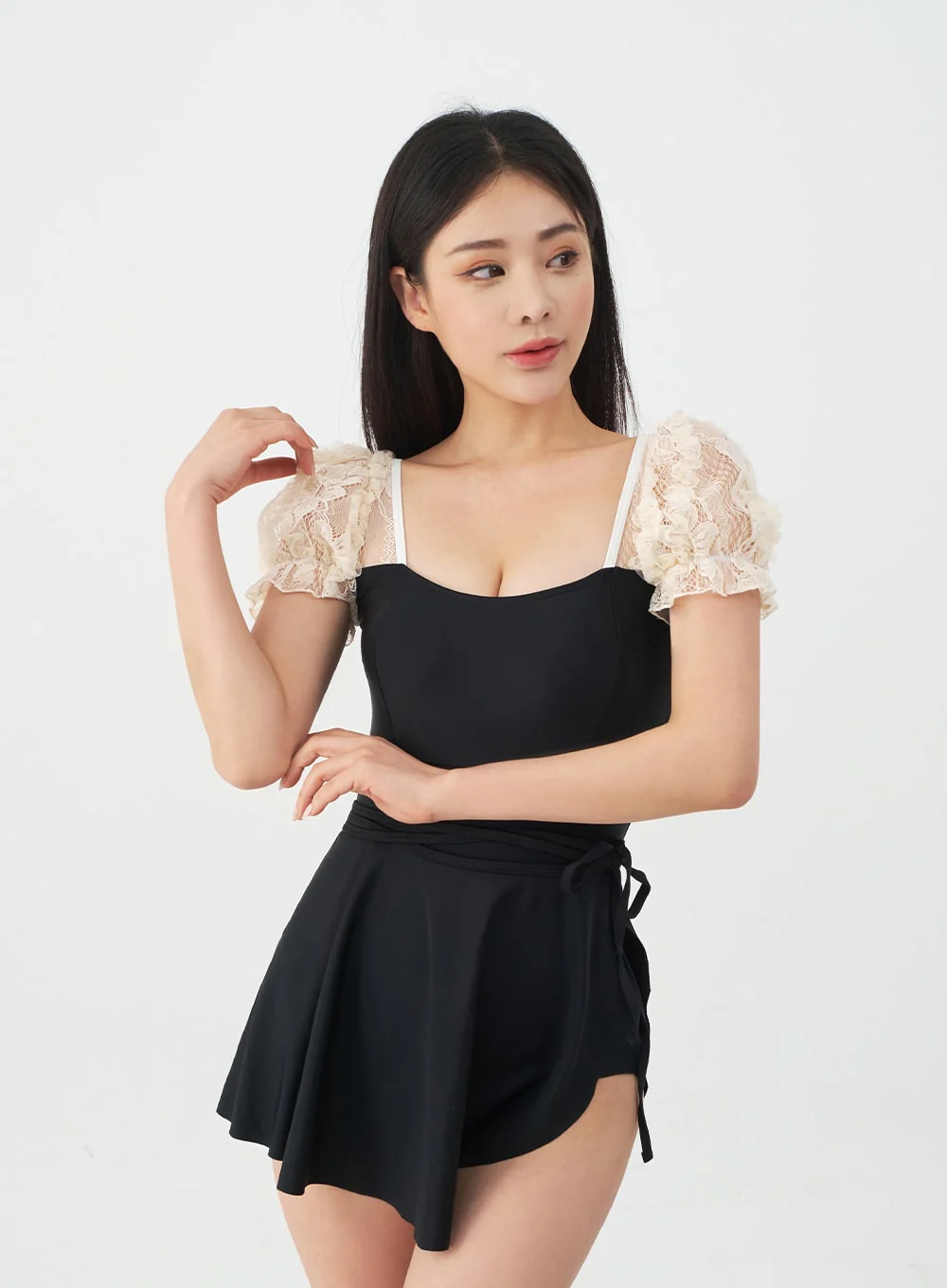 Lacy Shoulder Onepiece Swimsuit and Wrap Skirt Set IJ13 - Image 8