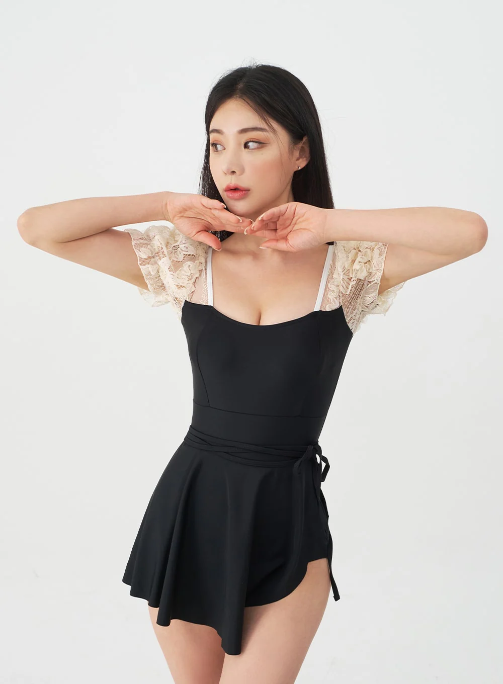 Lacy Shoulder Onepiece Swimsuit and Wrap Skirt Set IJ13 - Image 9
