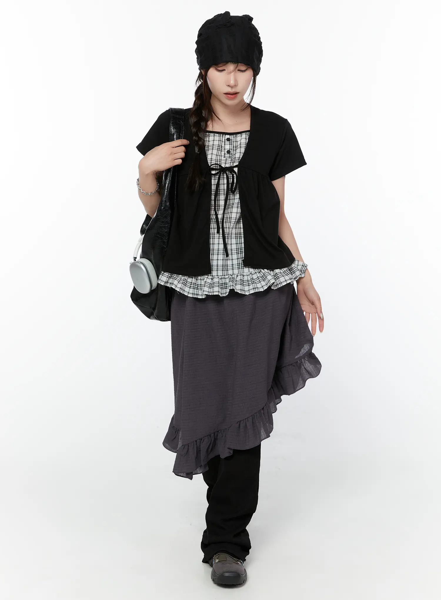 Layered Check Frill Sleeve Top CY515 - Image 3
