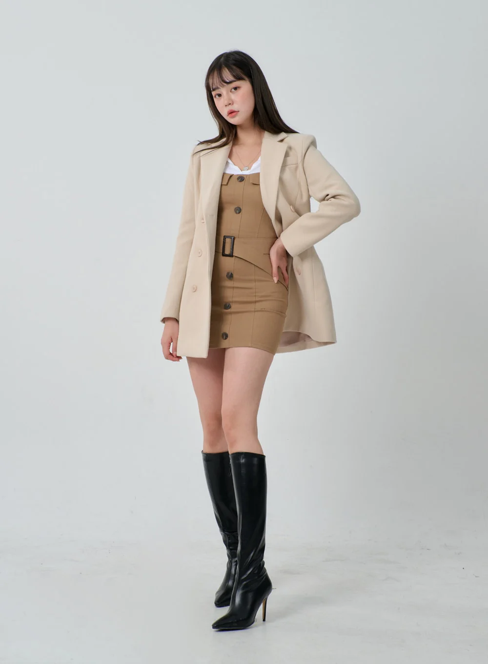 Layered V-Neck Button Belt Mini Dress ID29 - Image 16