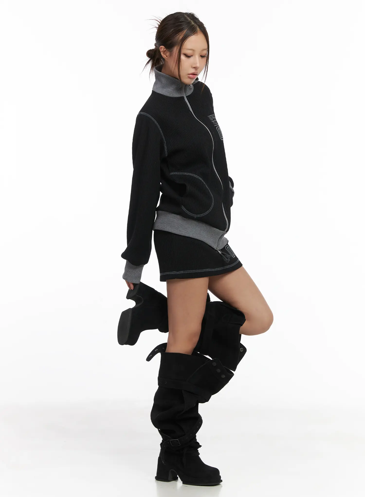 Loose Fit Two-Tone Waffle Zip-Up CJ512 - Image 2