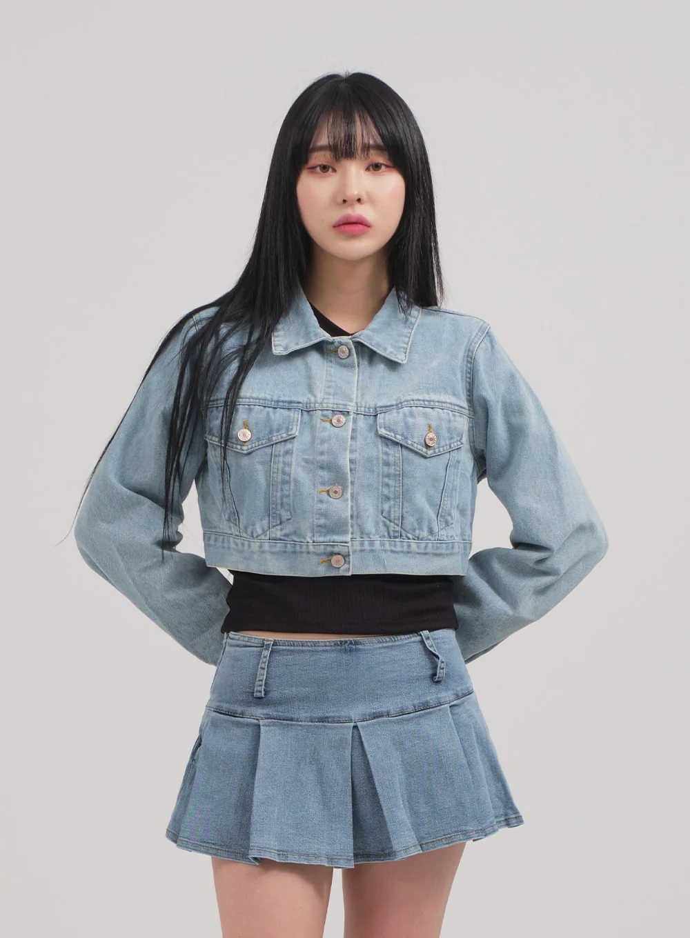 Low Rise Pleated Denim Mini Skirt C0302 - Image 14