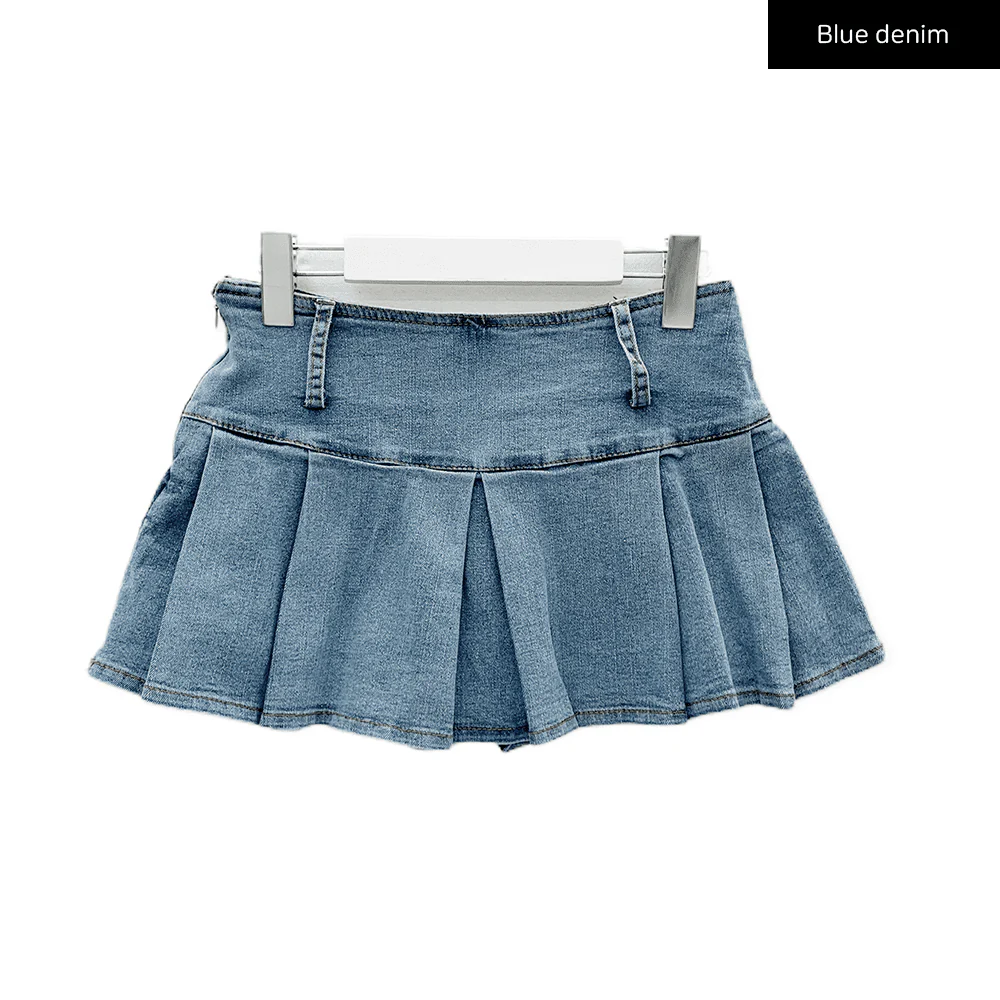 Low Rise Pleated Denim Mini Skirt C0302 - Image 16