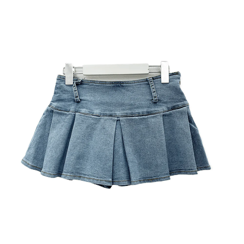 Low Rise Pleated Denim Mini Skirt C0302 - Image 17