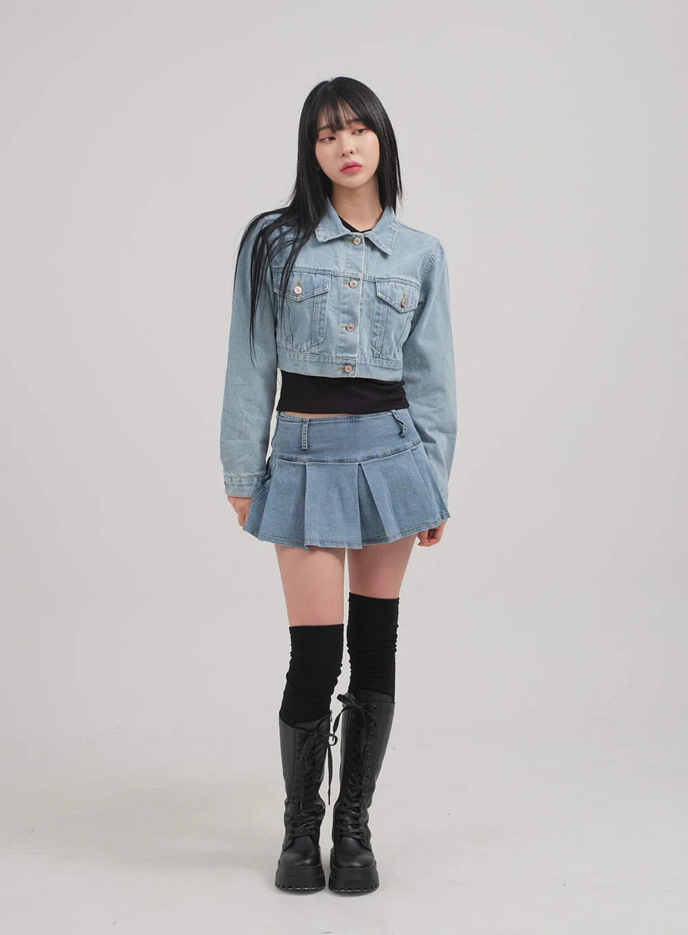 Low Rise Pleated Denim Mini Skirt C0302 - Image 3