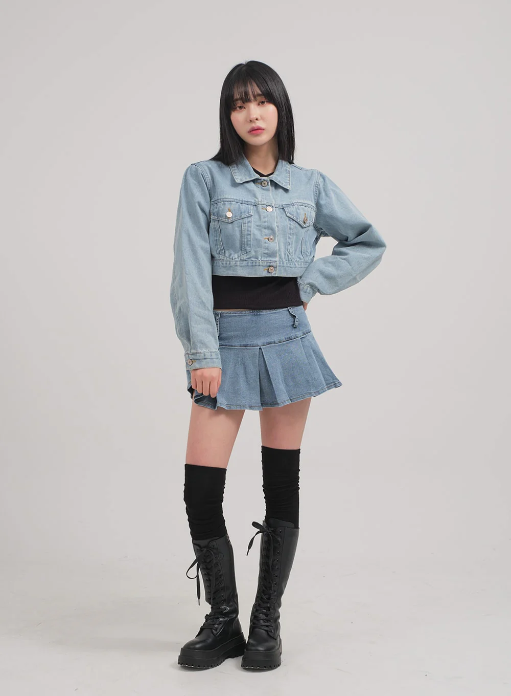 Low Rise Pleated Denim Mini Skirt C0302 - Image 4