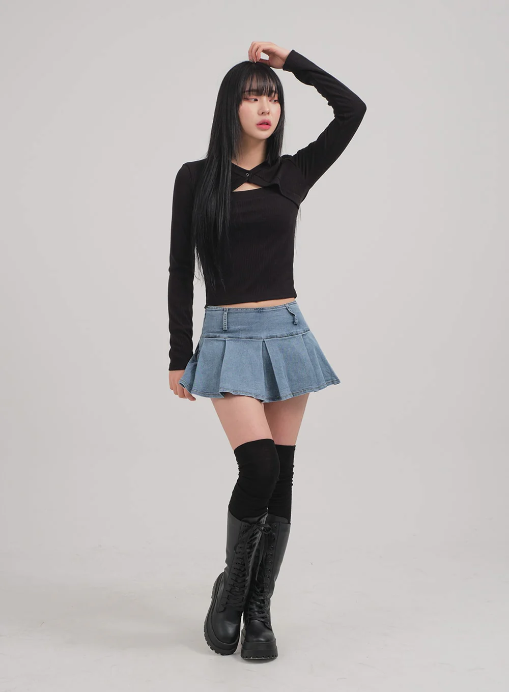 Low Rise Pleated Denim Mini Skirt C0302 - Image 5