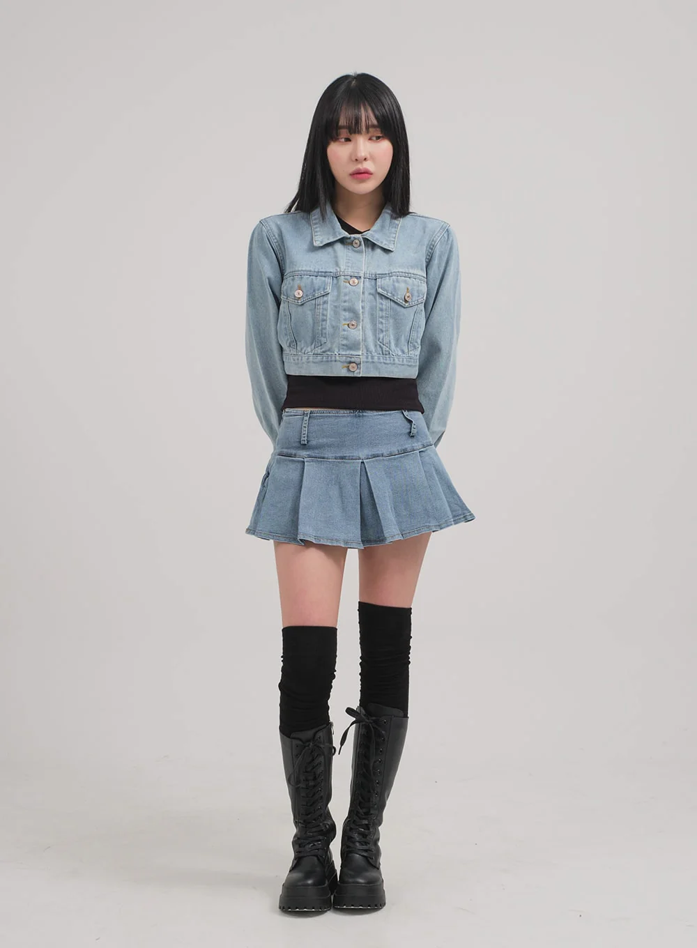 Low Rise Pleated Denim Mini Skirt C0302 - Image 8