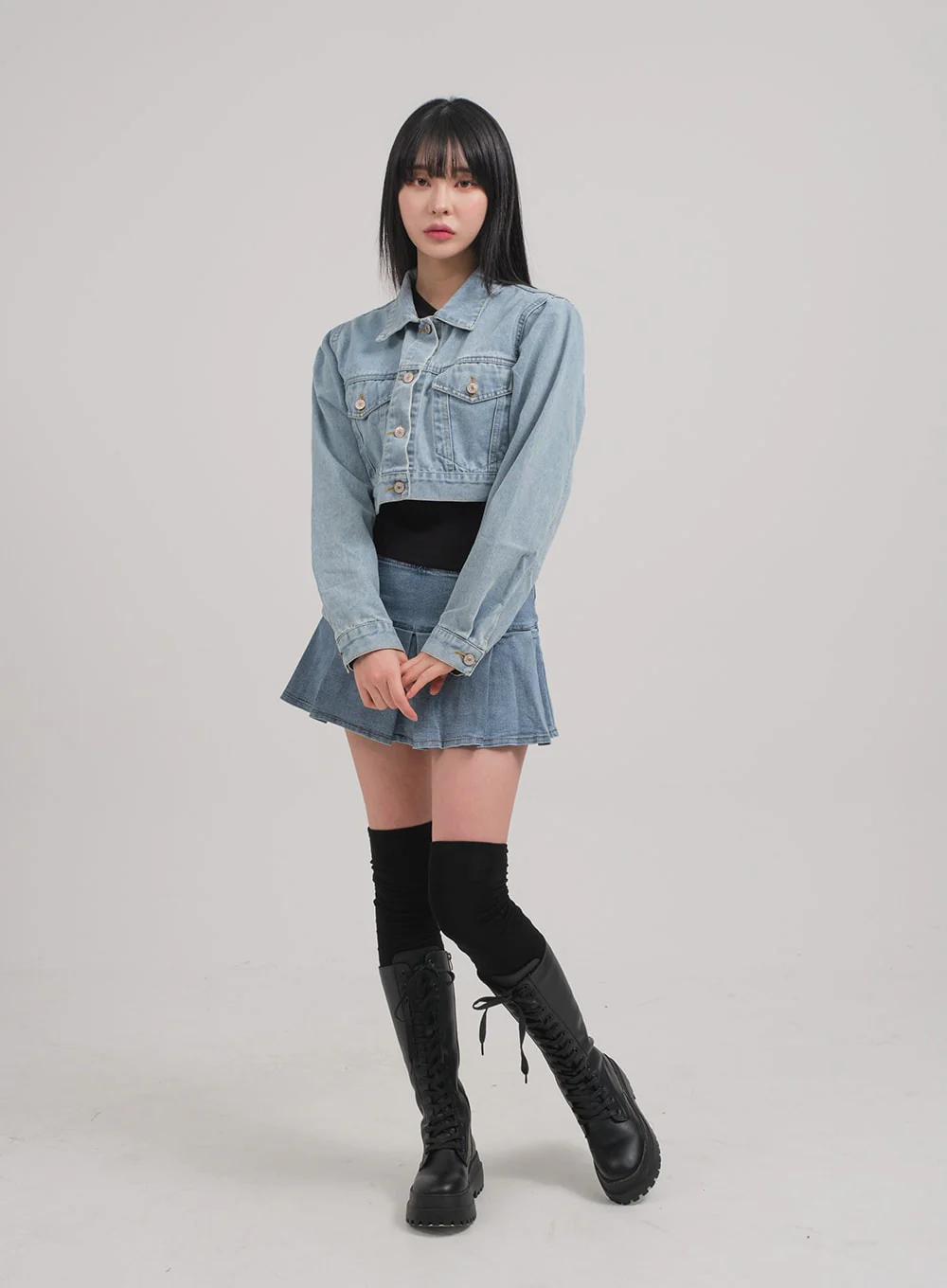 Low Rise Pleated Denim Mini Skirt C0302 - Image 9
