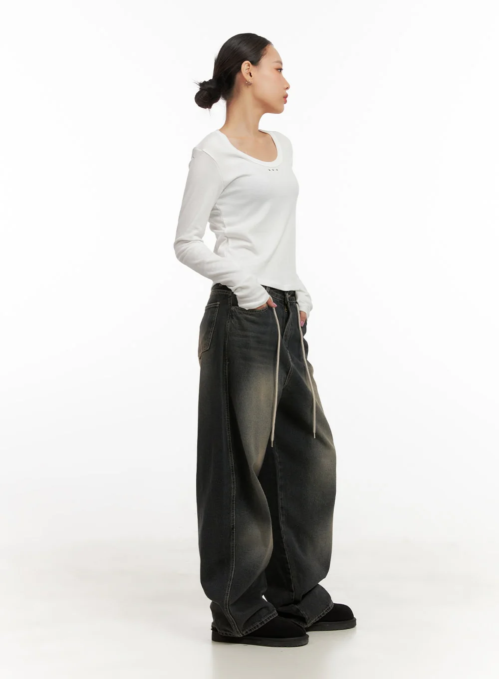 Matilda Washed Denim String Baggy Jeans CD410 - Image 4