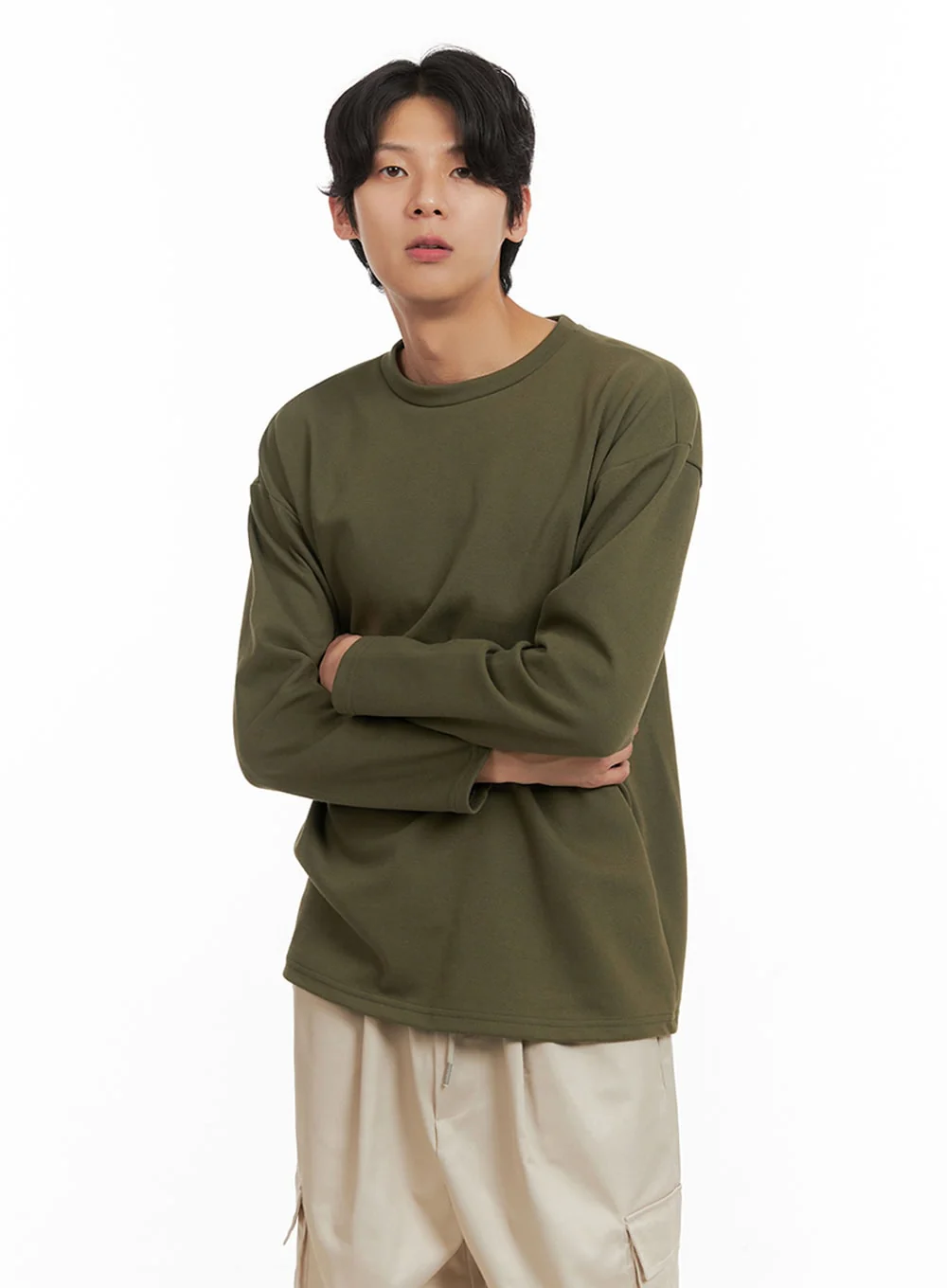 Men's Basic Oversize Long Sleeve Tee (Dark Green) IY402 - Image 3