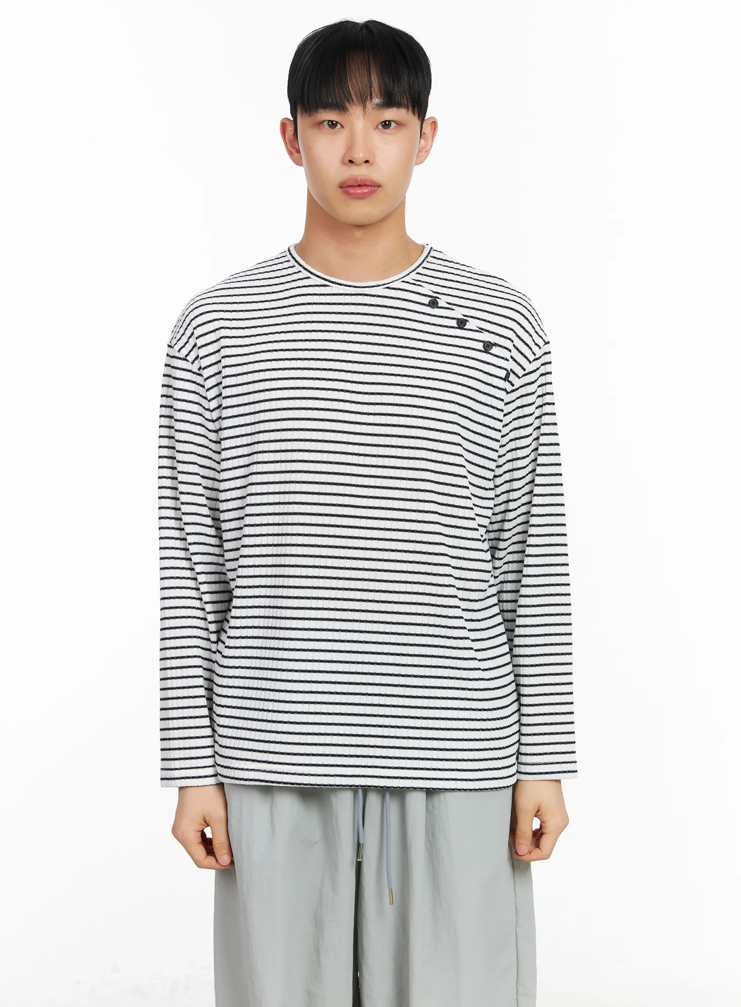Men's Button-Accent Stripe Long Sleeve Tee IA502 - Image 13