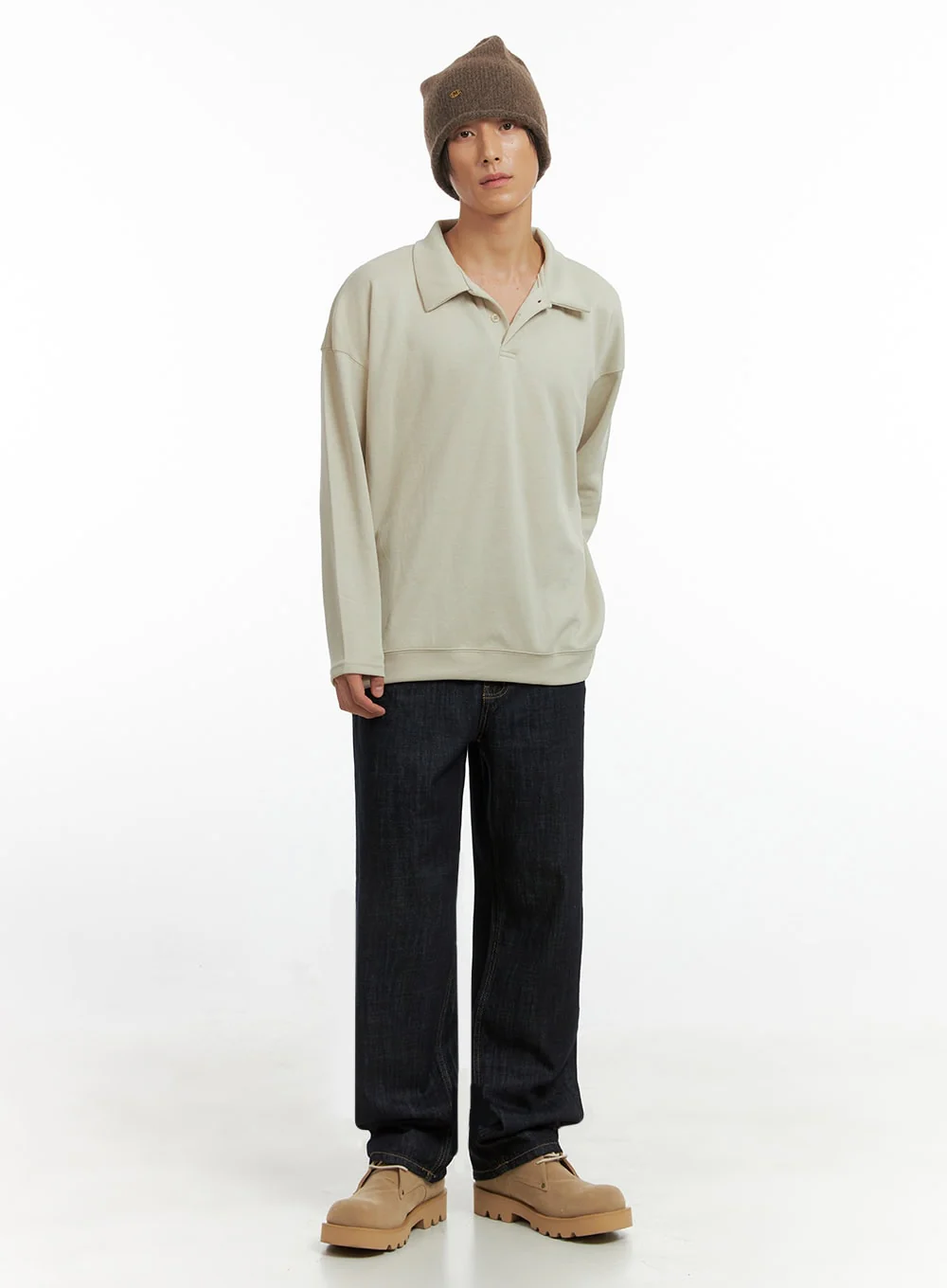 Men's Buttoned Collar Shirt (Light beige) IO417 - Image 6