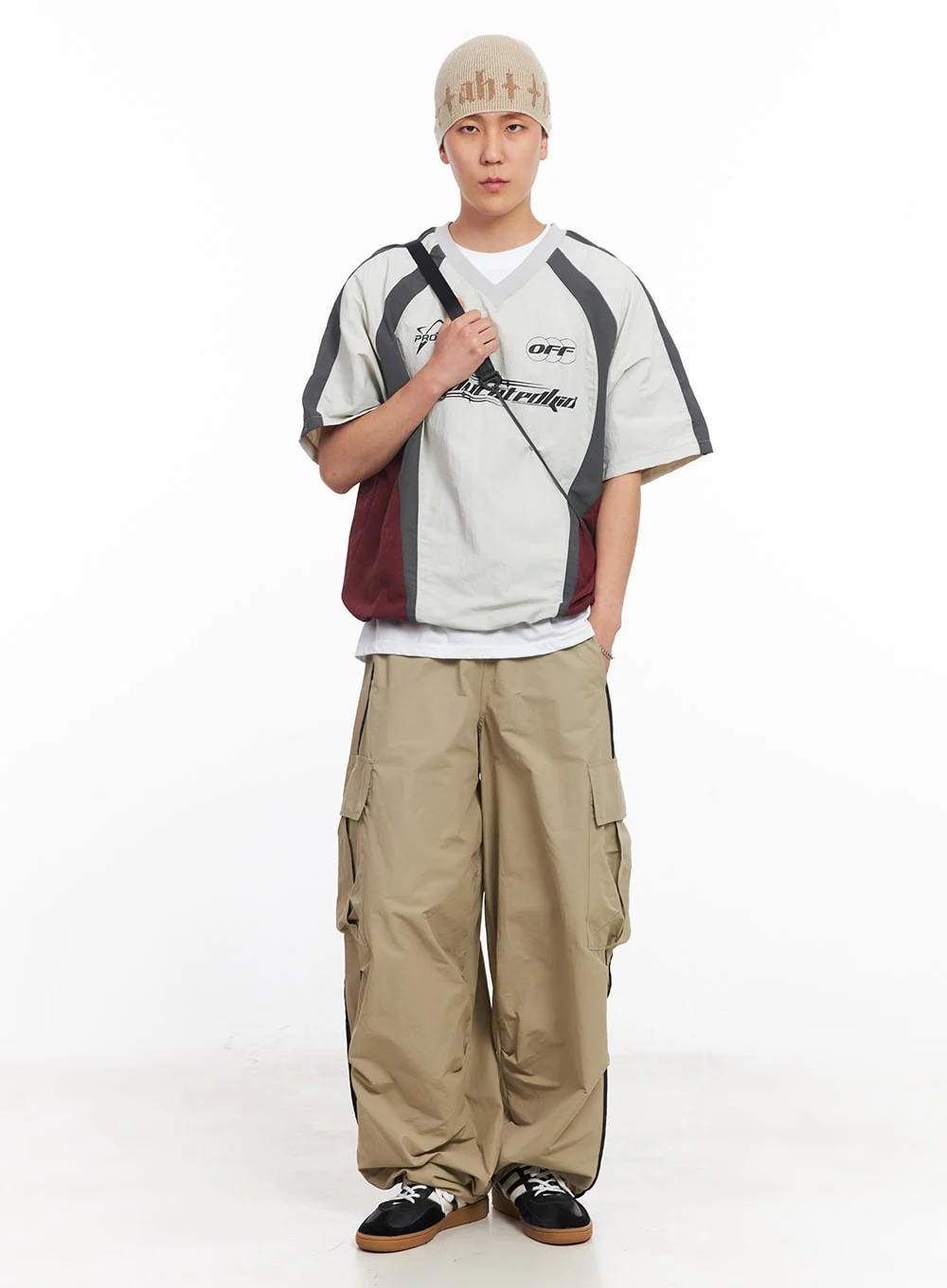 Men's Cargo Balloon-Fit Windbreaker Pants (Beige) IU512 - Image 3