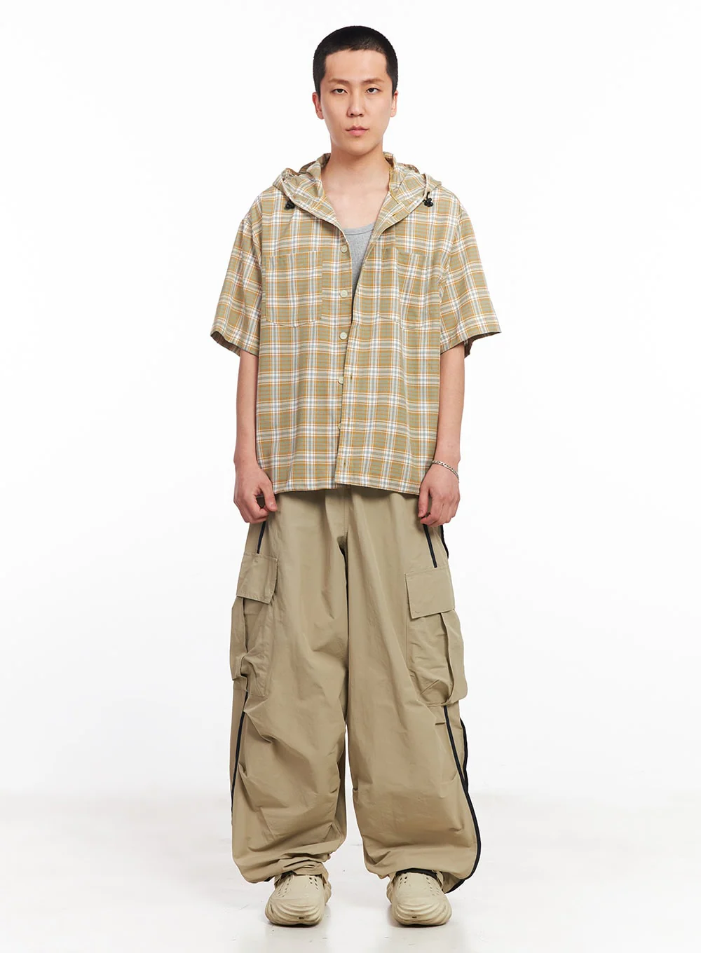 Men's Cargo Balloon-Fit Windbreaker Pants (Beige) IU512 - Image 7