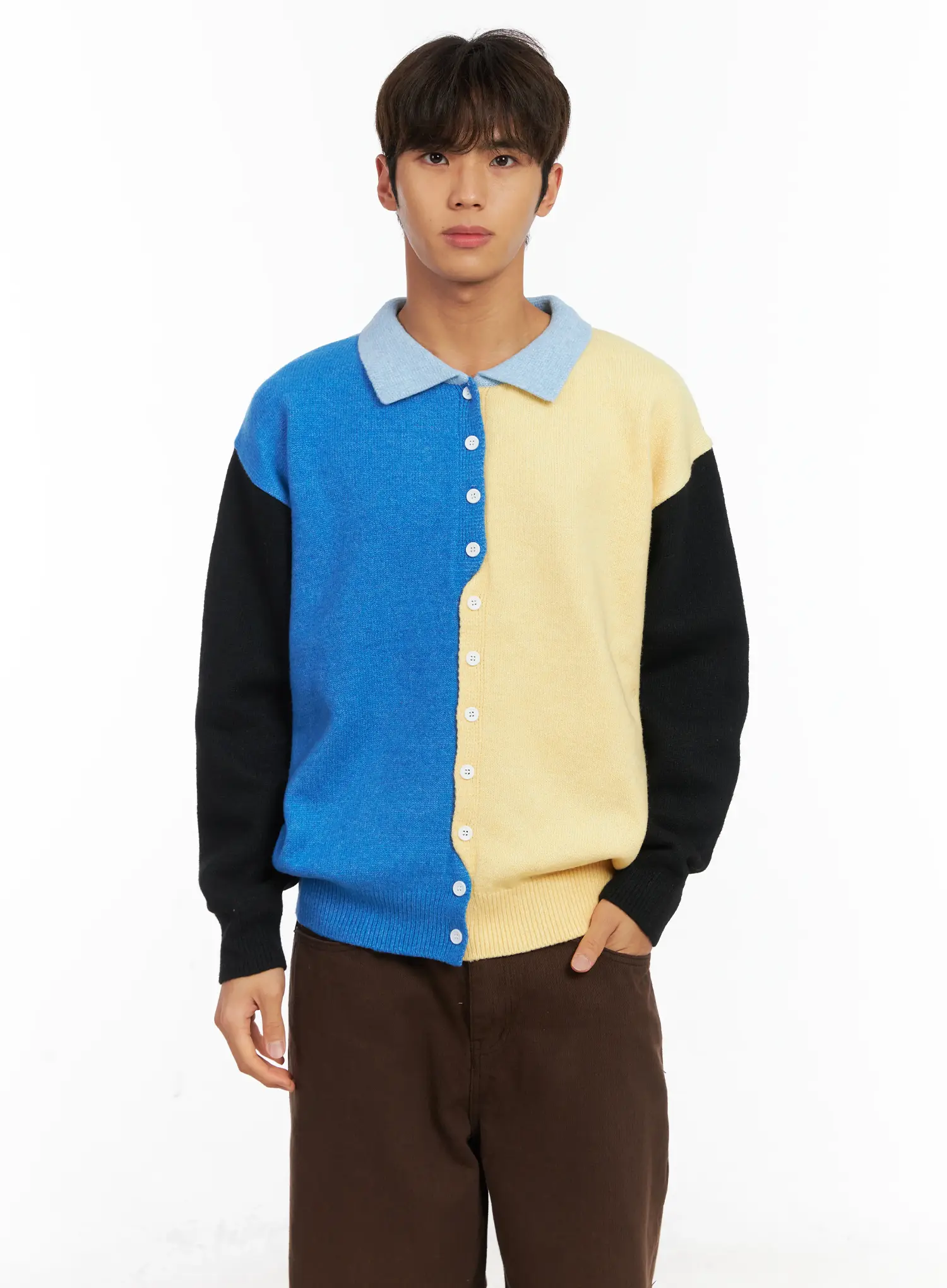 Men's Colorblock Collared Cardigan ID511 - Image 2