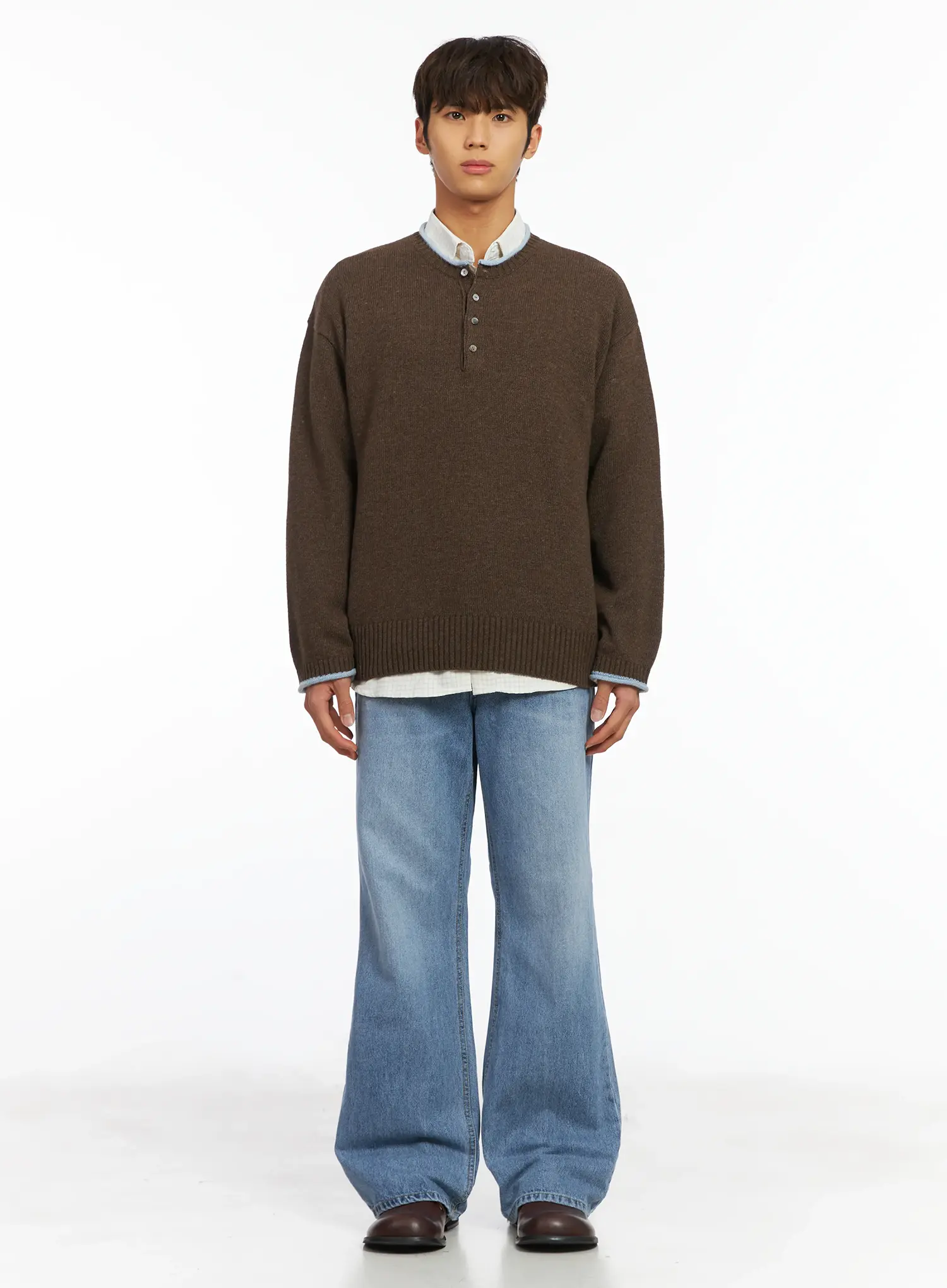 Men's Contrast Henley Knit IJ514 - Image 3