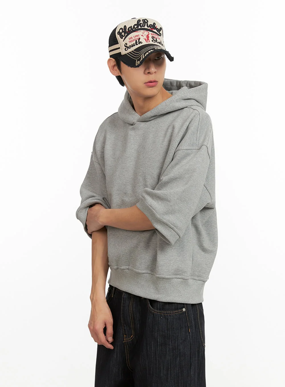 Men's Cozy Boxy Fit Hooded Sweatshirt (Gray) IU405 - Image 3