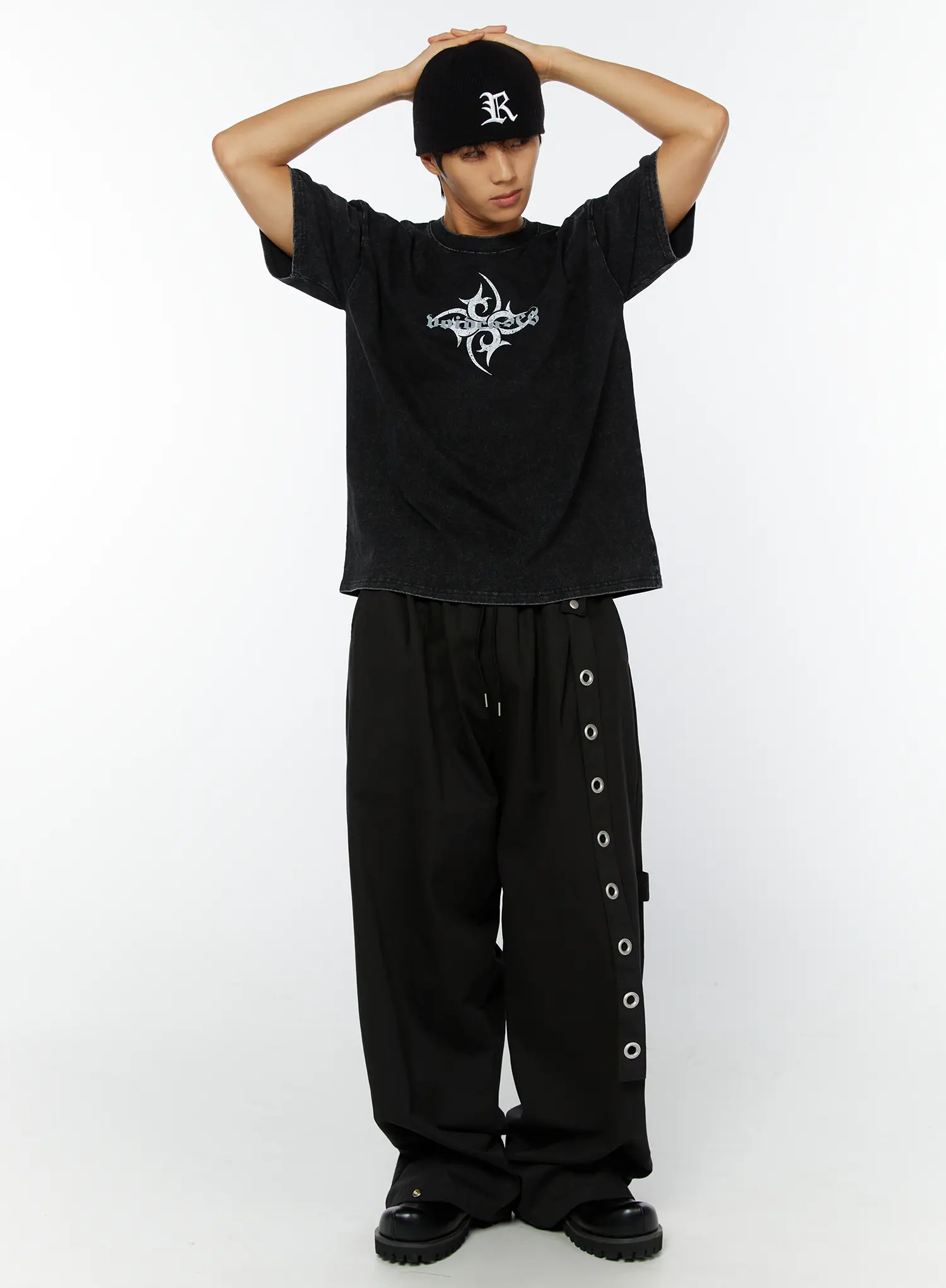 Men's Eyelet Detail Wide-Leg Pants IY508 (Black) - Image 6