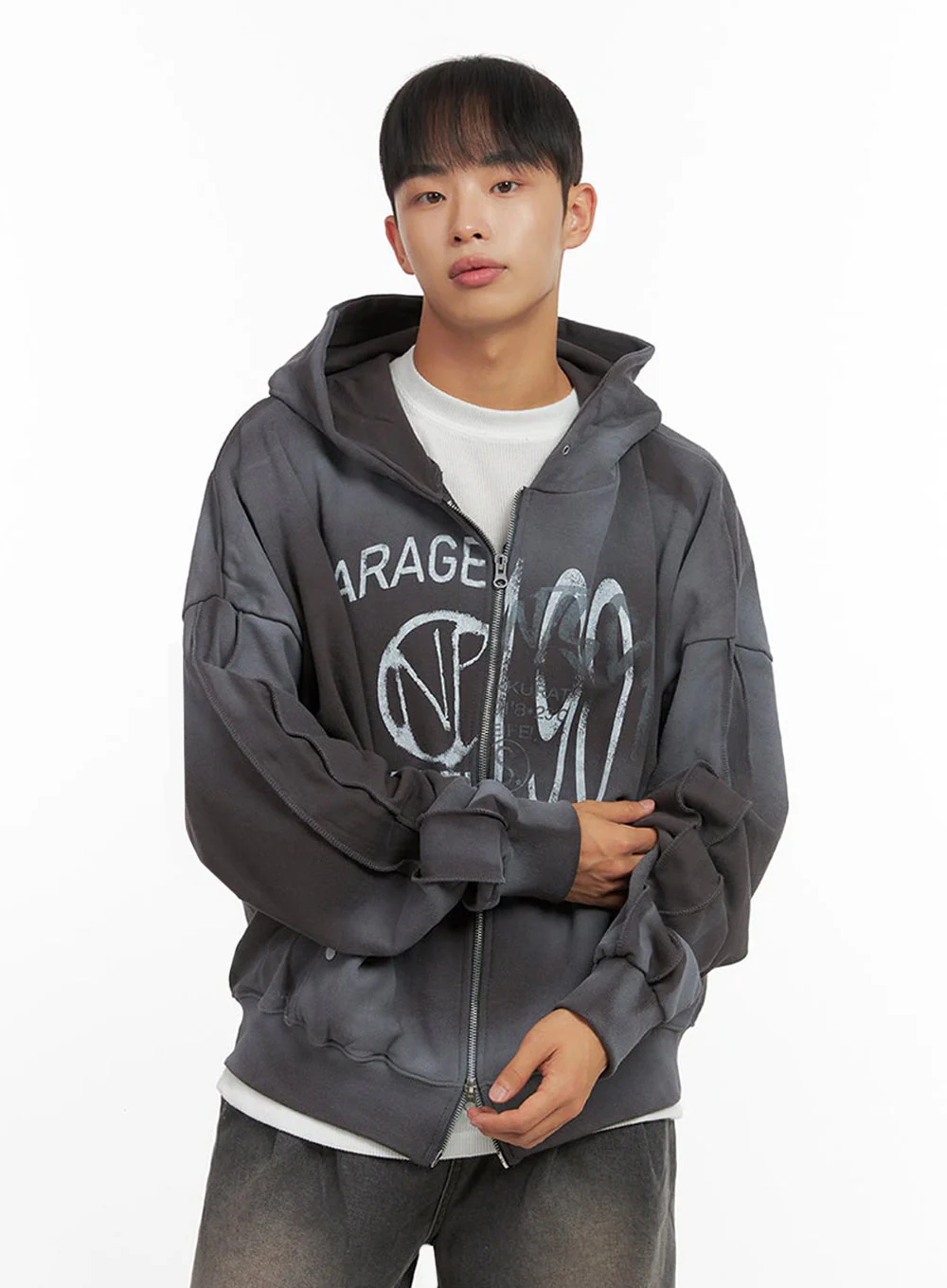 Men's Paint Washed Graphic Zip-Up Hoodie IO420 - Image 4