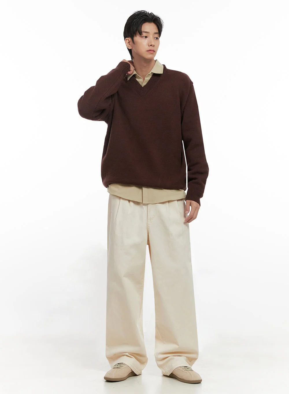 Men's Pintuck Wide Leg Cotton Pants (Light beige) ID413 - Image 3
