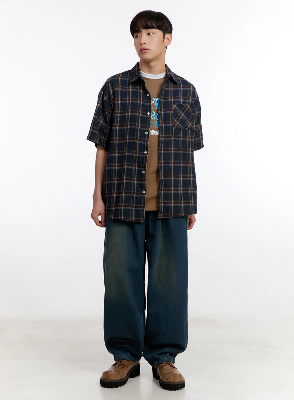 Men's Plaid Collared Oversized Shirt IA507 - Image 10