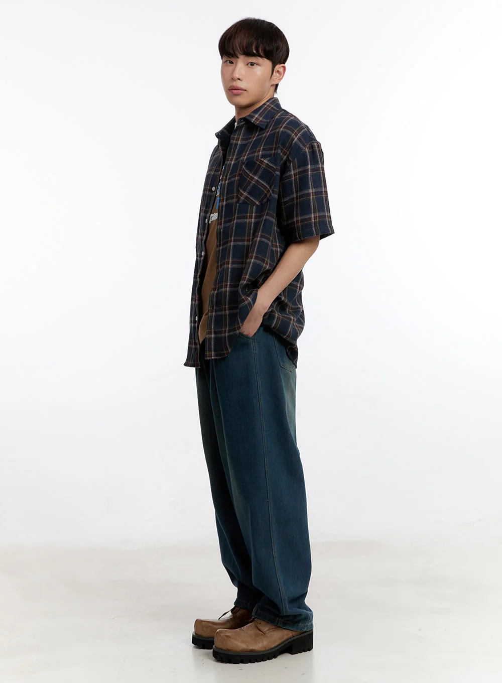 Men's Plaid Collared Oversized Shirt IA507 - Image 11