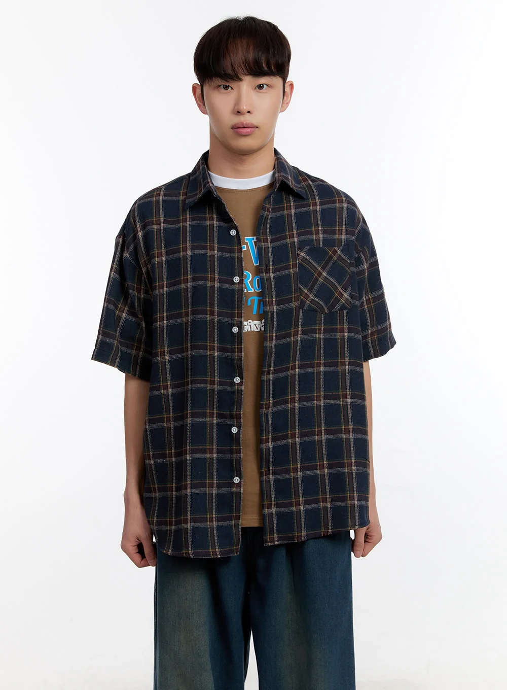 Men's Plaid Collared Oversized Shirt IA507 - Image 13