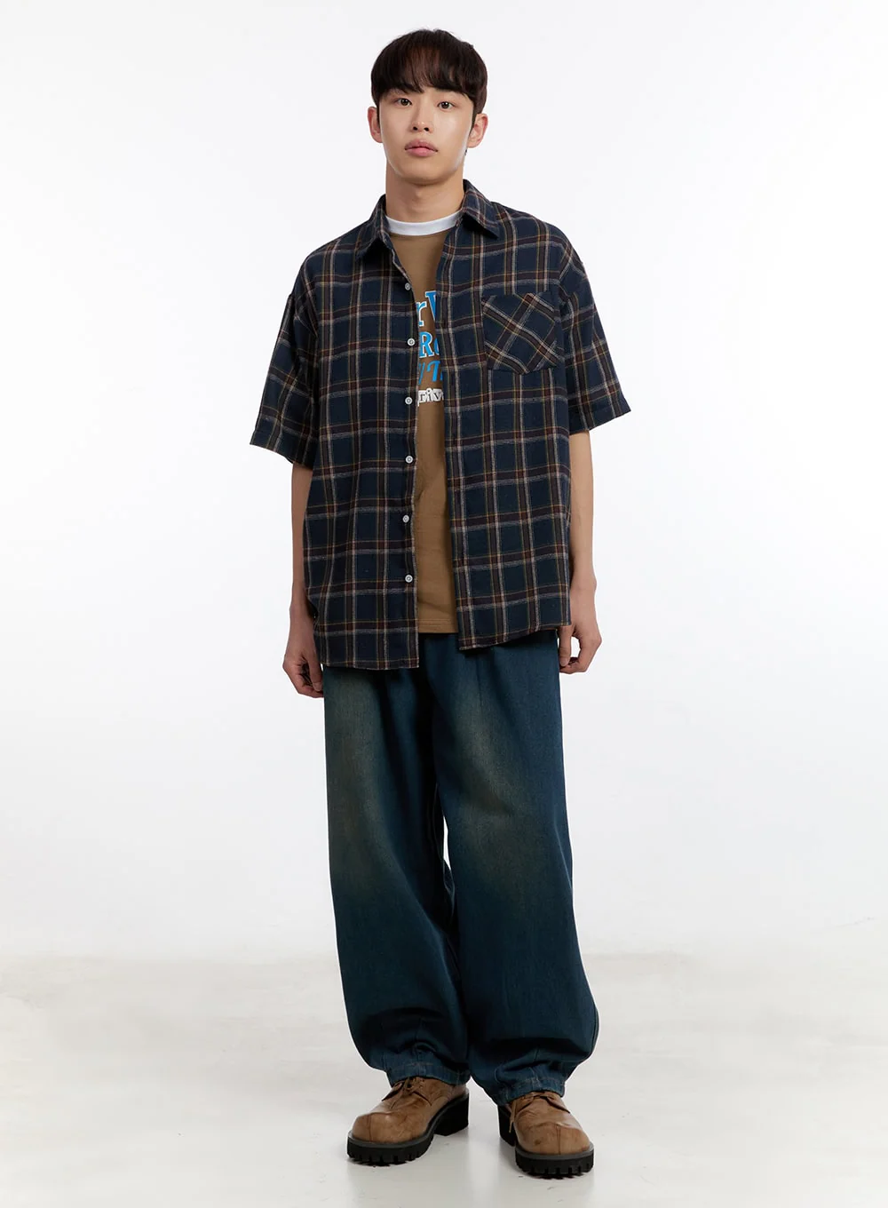 Men's Plaid Collared Oversized Shirt IA507 - Image 2