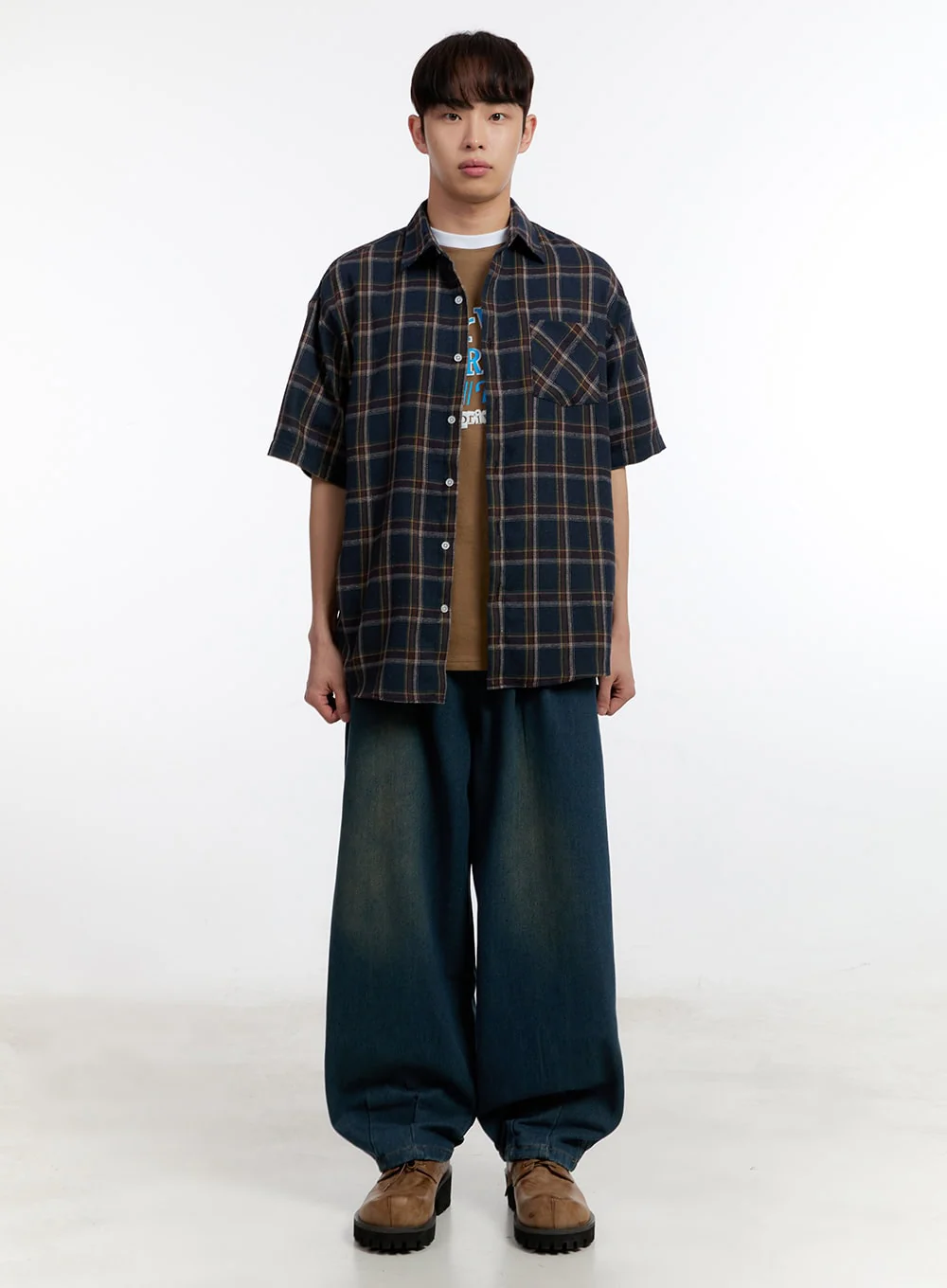 Men's Plaid Collared Oversized Shirt IA507 - Image 7