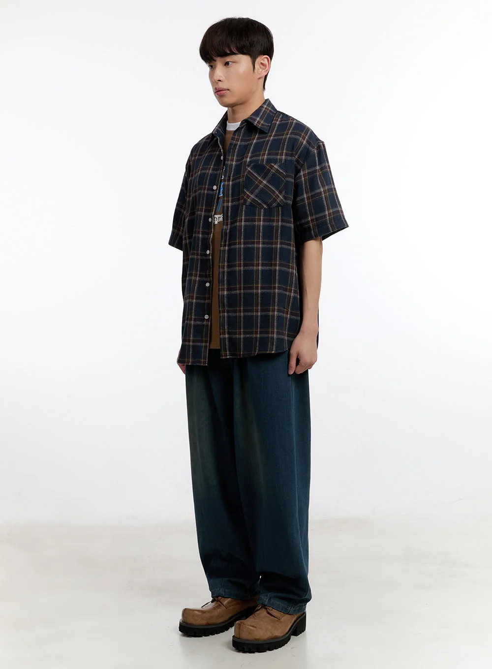 Men's Plaid Collared Oversized Shirt IA507 - Image 8