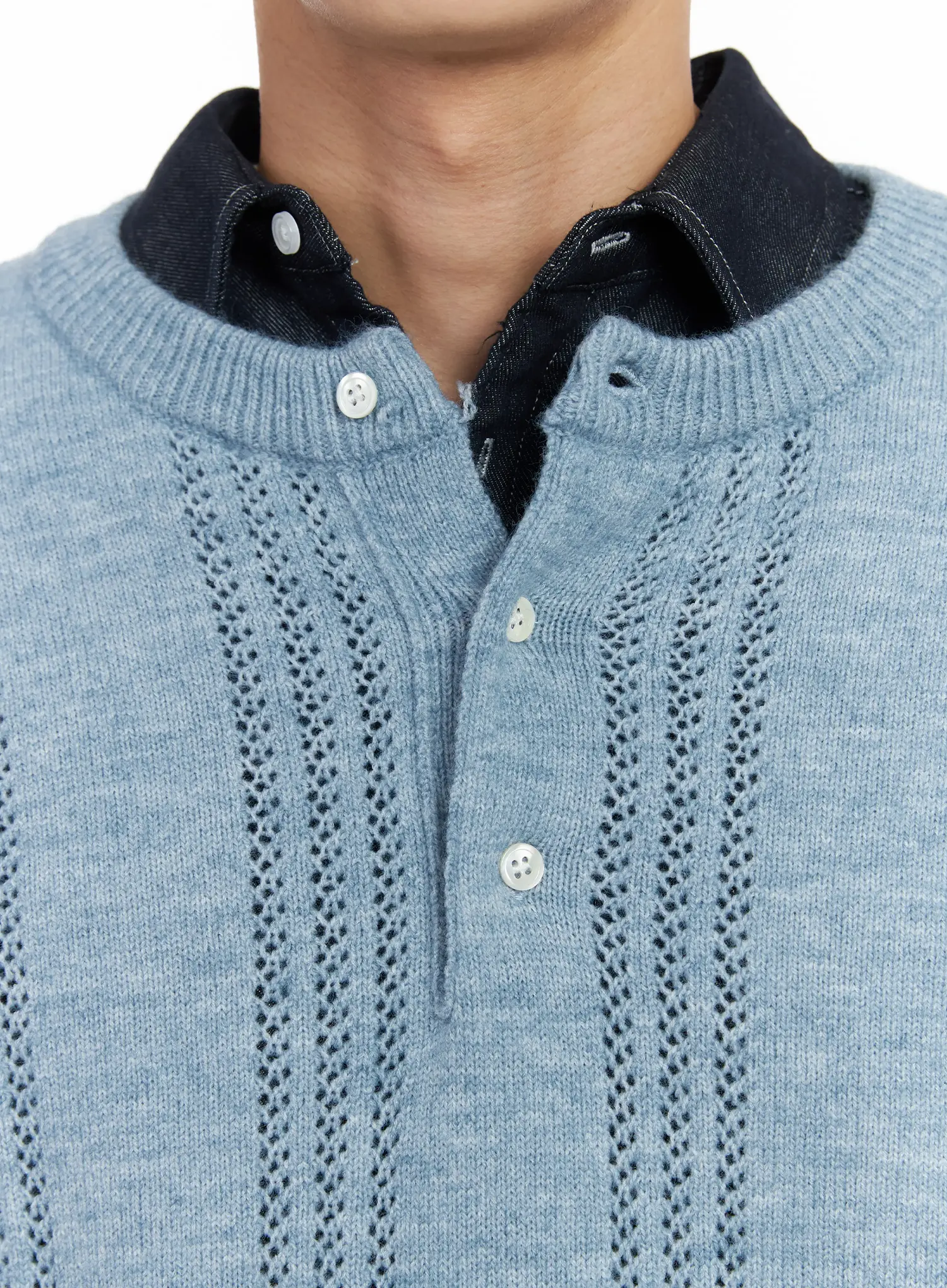 Men's Pointelle Henley Knit Sweater IF517 - Image 11