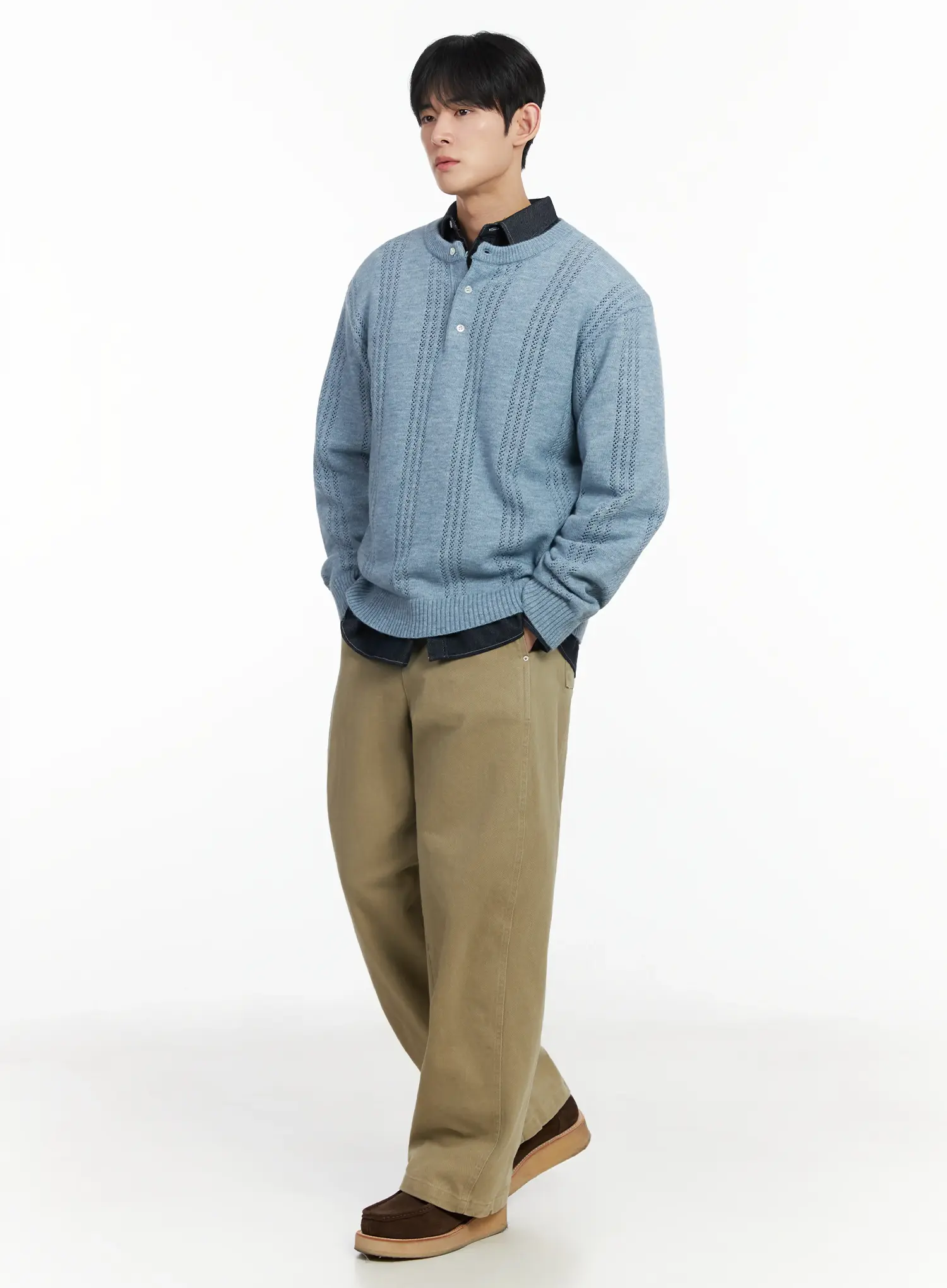 Men's Pointelle Henley Knit Sweater IF517 - Image 8