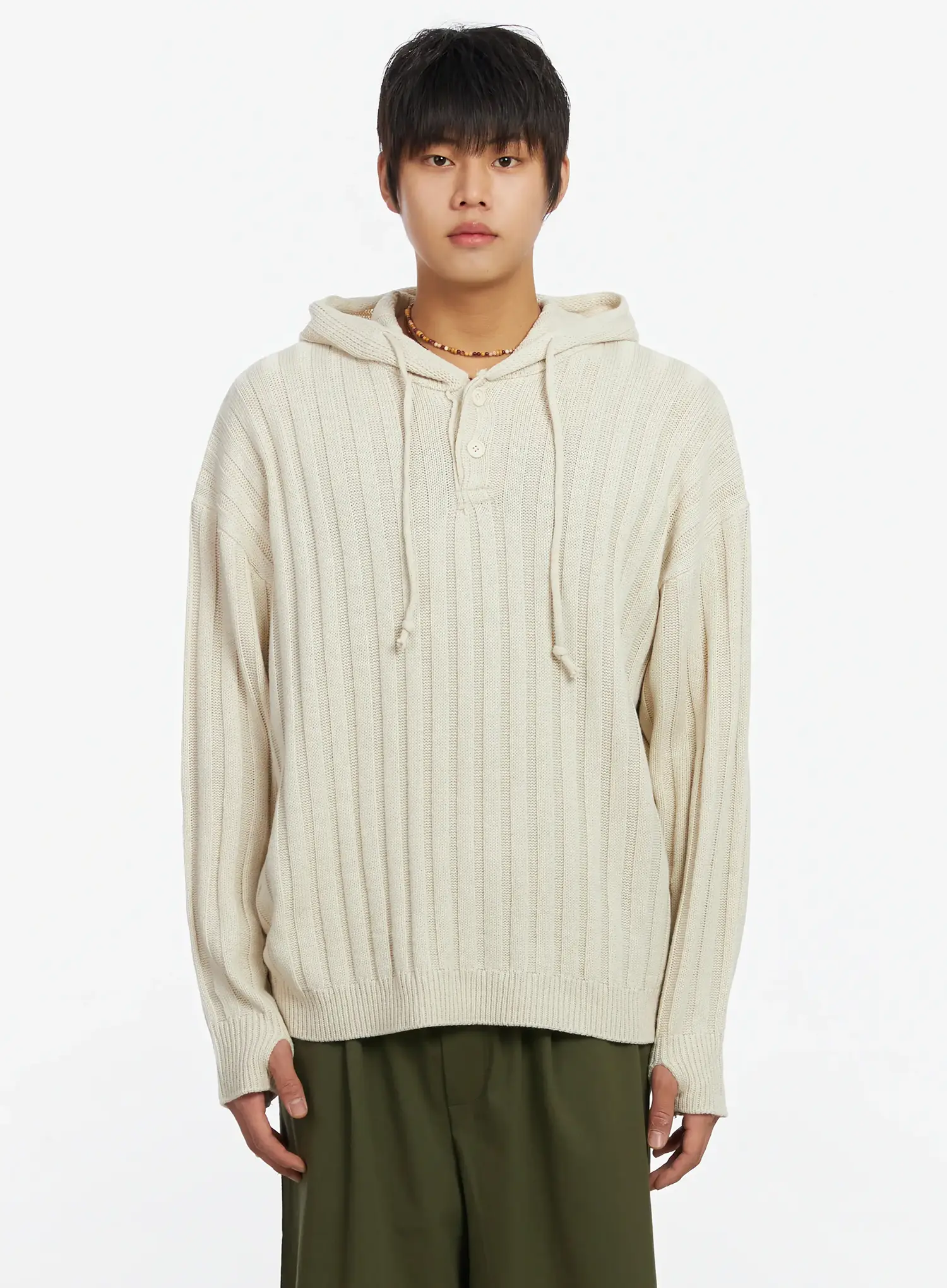 Men's Ribbed Knit Thumbhole Hoodie IJ527 - Image 10