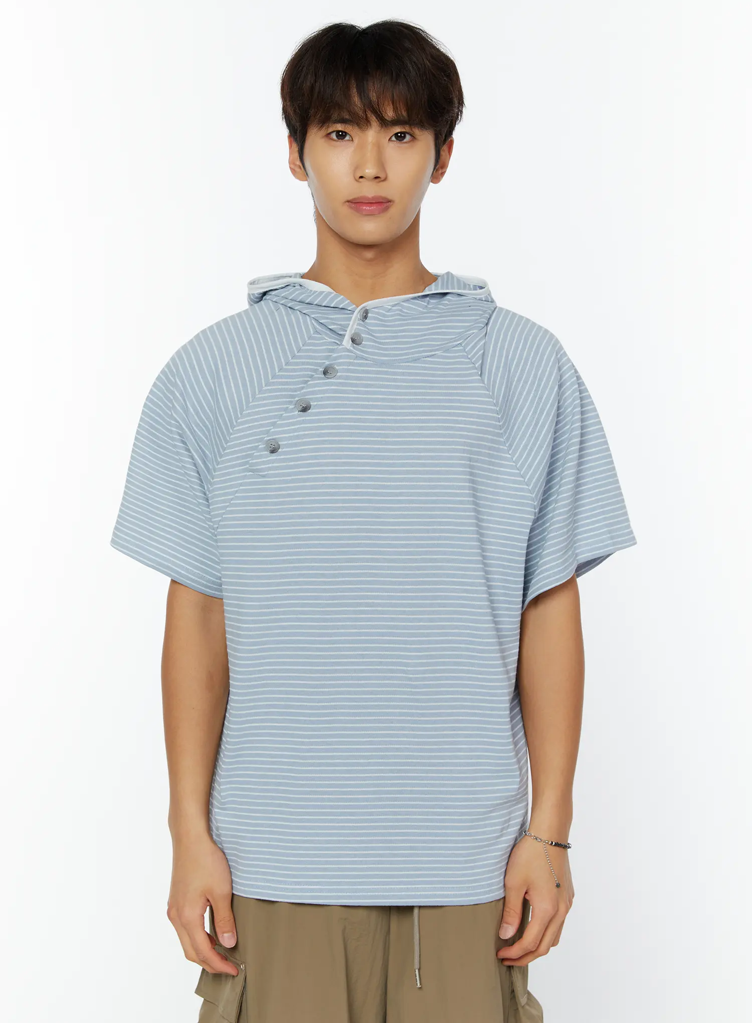 Men's Striped Asymmetric Button Hooded T-Shirt IY508 - Image 11