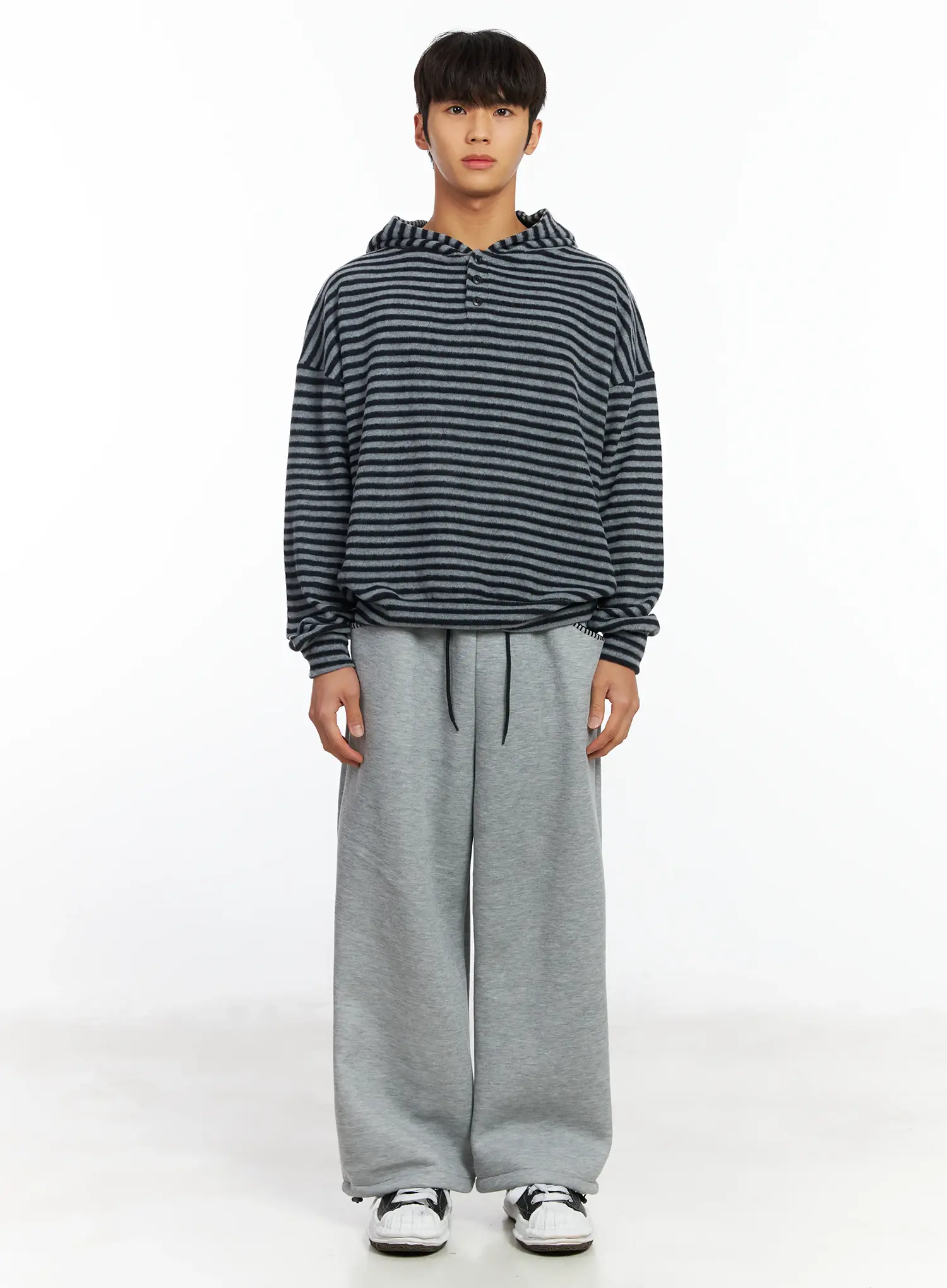 Men's Striped Fleece Henley Hoodie IF506 - Image 3