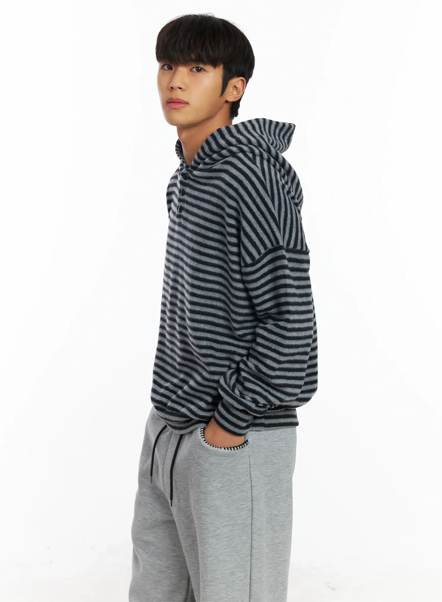 Men's Striped Fleece Henley Hoodie IF506 - Image 6