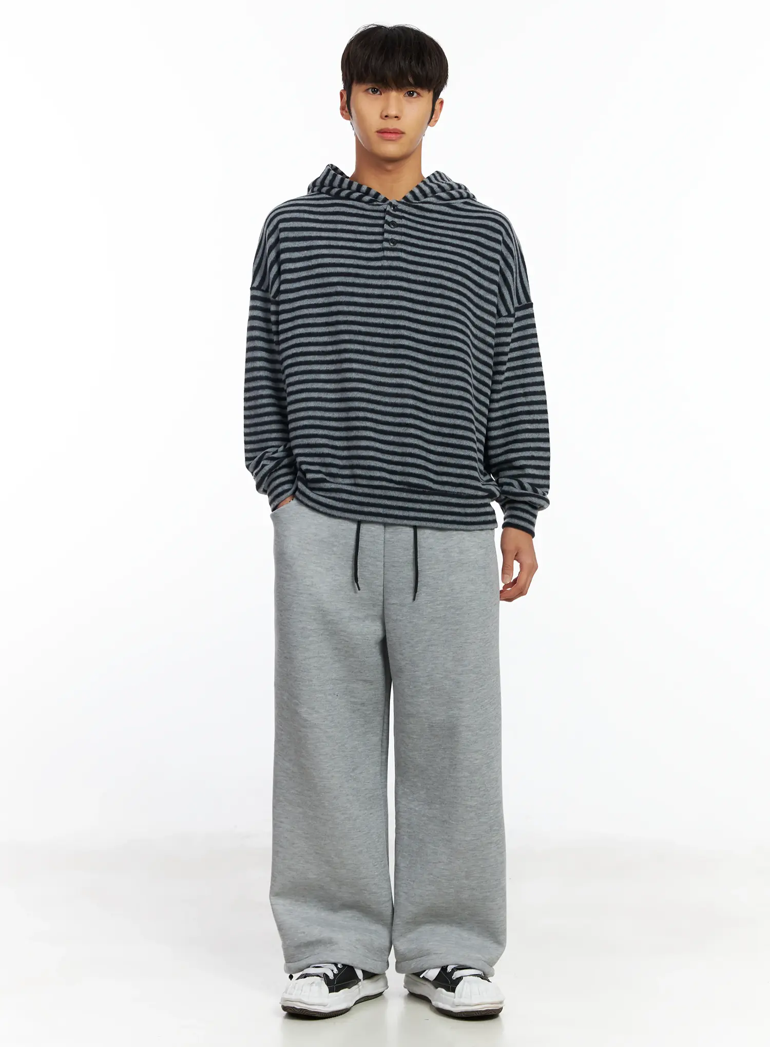 Men's Striped Fleece Henley Hoodie IF506 - Image 7