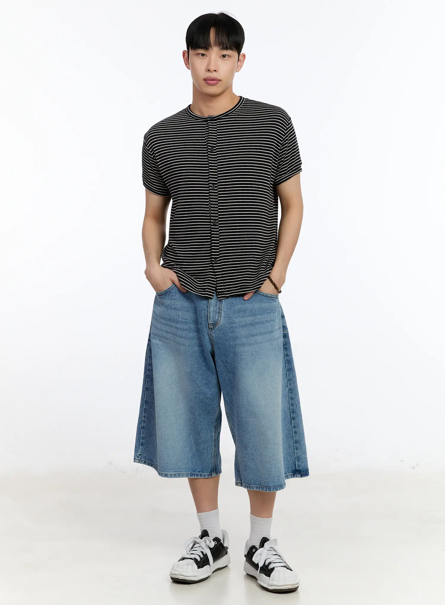 Men's Striped Short Sleeve Button-Up Cardigan IA507 - Image 2
