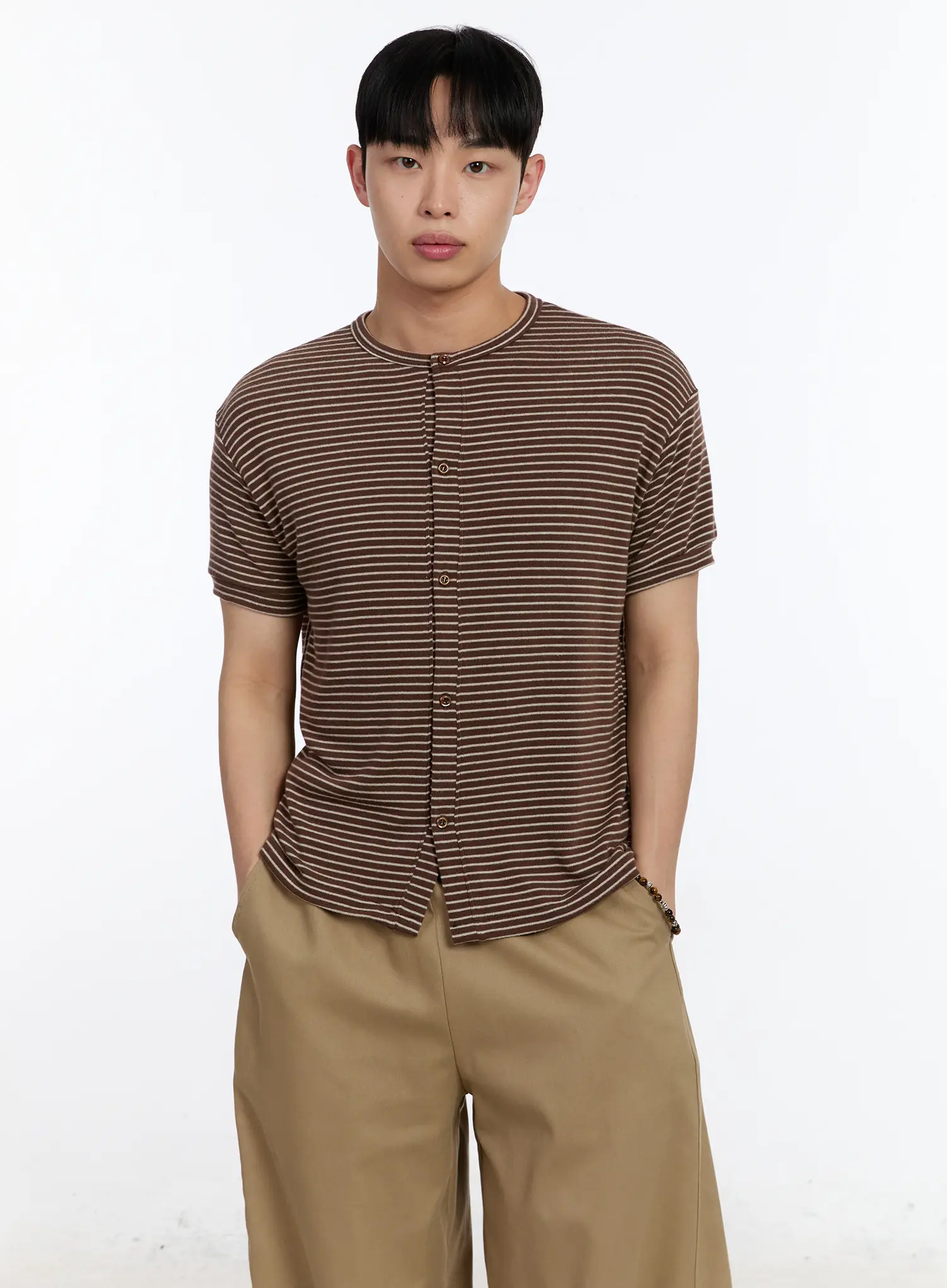 Men's Striped Short Sleeve Button-Up Cardigan IA507 - Image 6