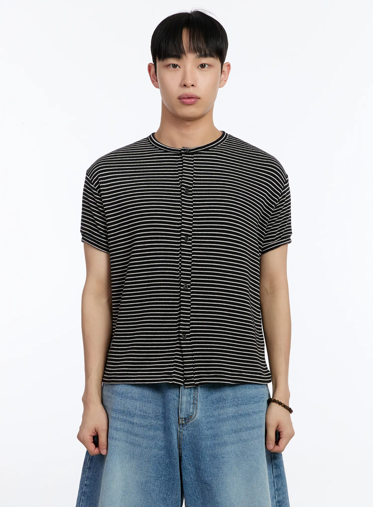 Men's Striped Short Sleeve Button-Up Cardigan IA507 - Image 9