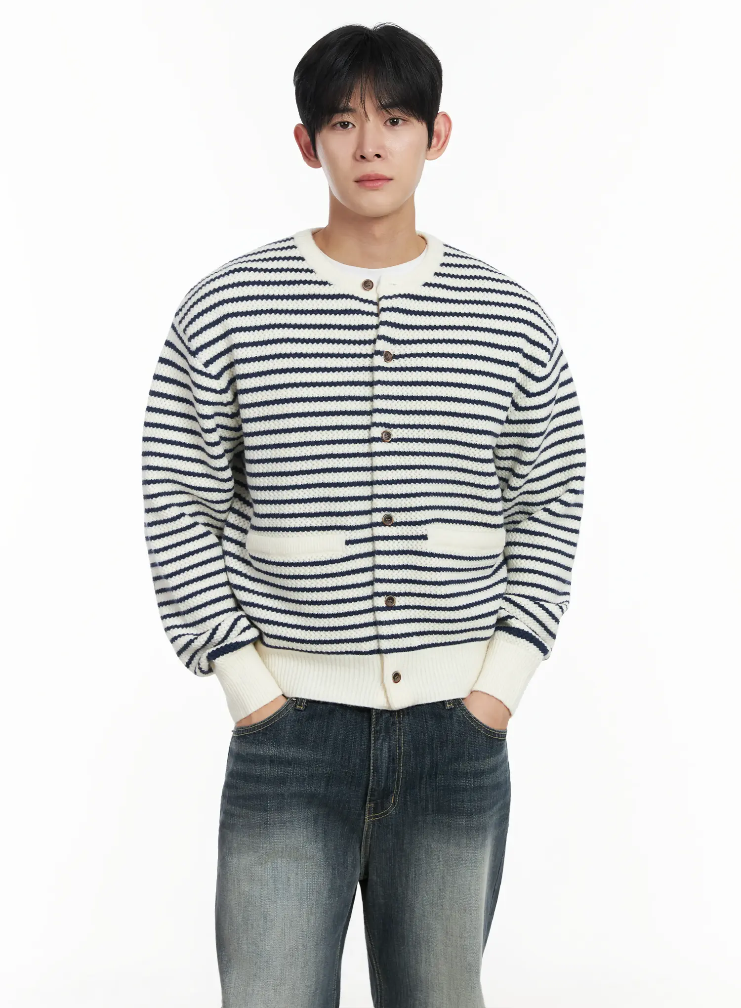 Men's Striped Waffle Knit Cardigan IF517