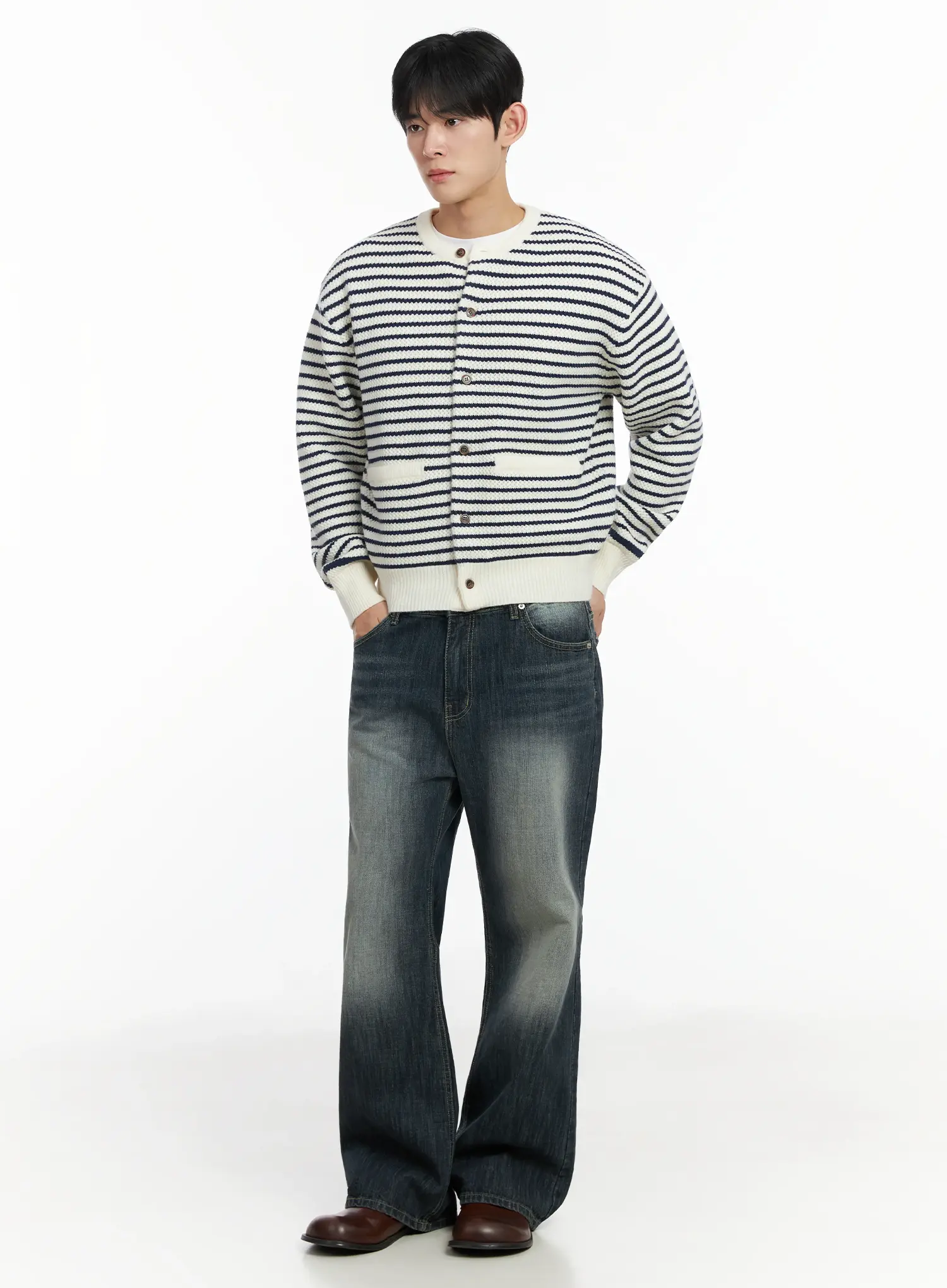 Men's Striped Waffle Knit Cardigan IF517 - Image 7