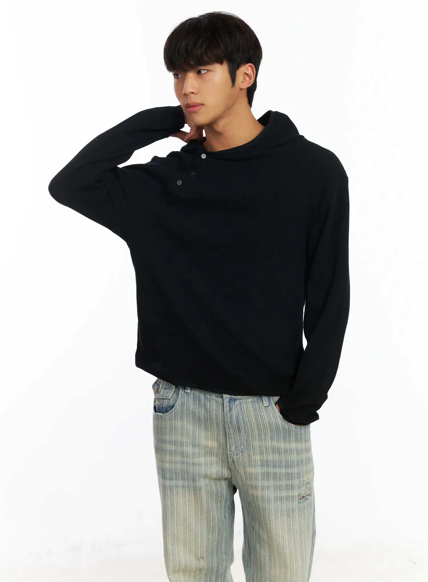 Men's Waffle Knit Henley Neck Hoodie IF504 - Image 2