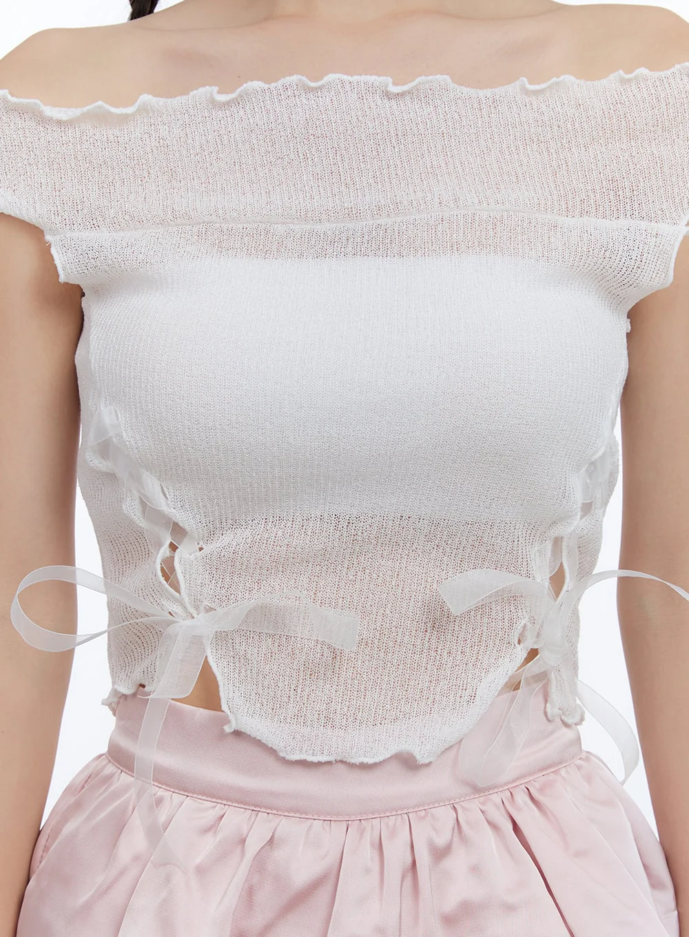 Mesh Ribbon Off-Shoulder Crop Top CG414 - Image 3
