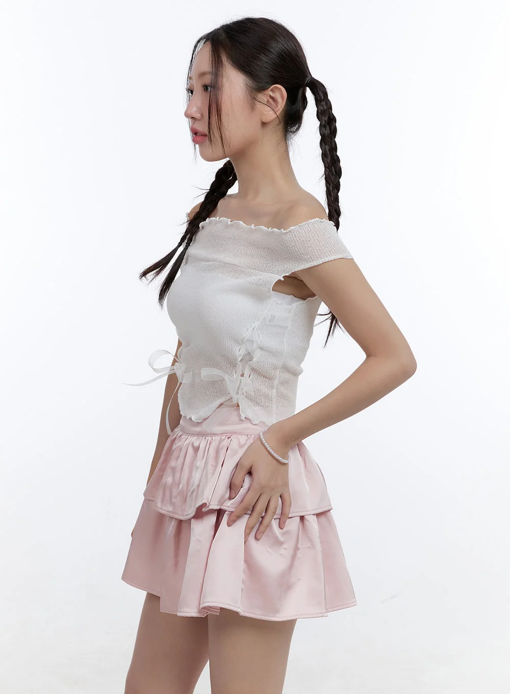 Mesh Ribbon Off-Shoulder Crop Top CG414 - Image 4