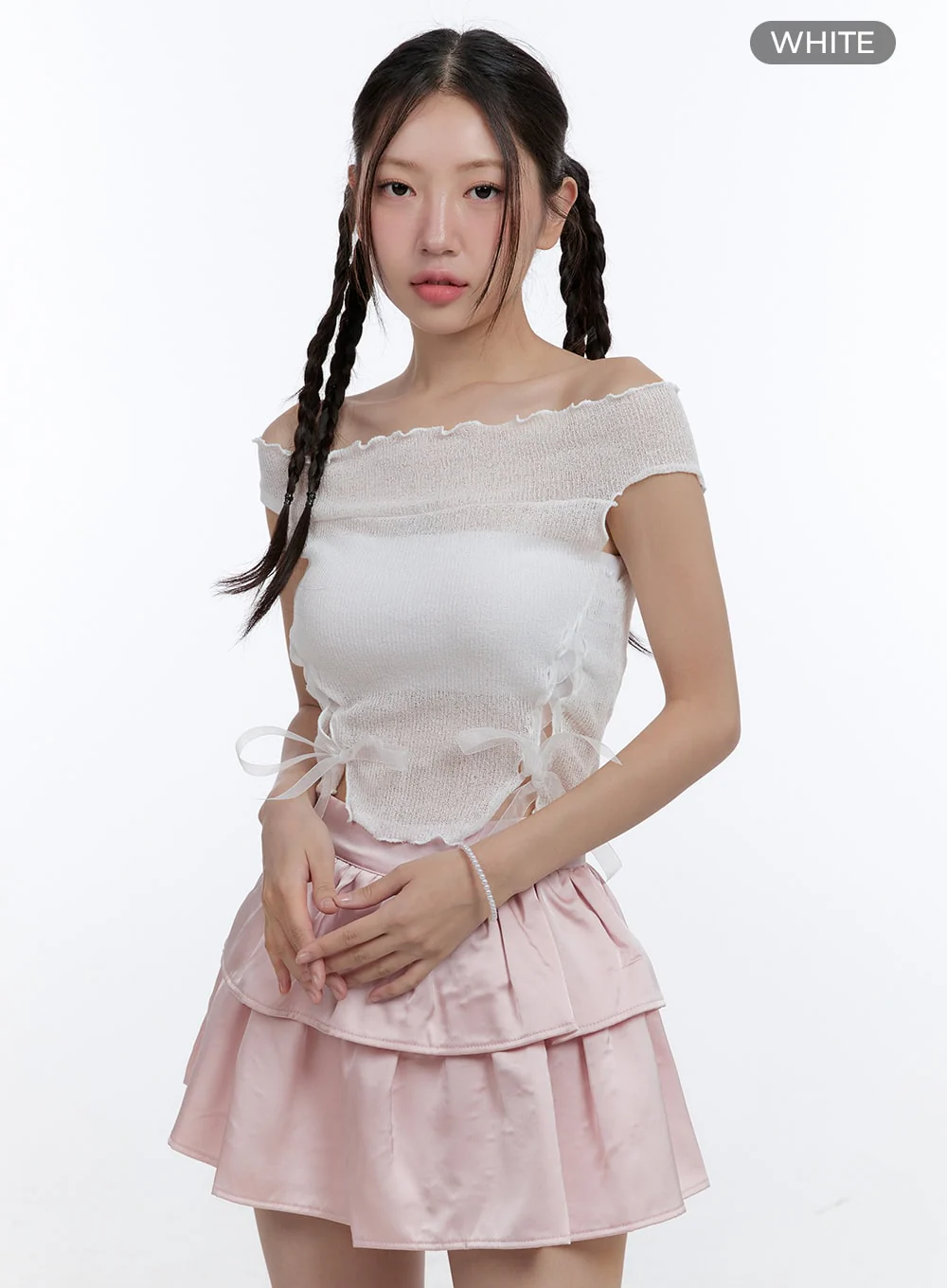 Mesh Ribbon Off-Shoulder Crop Top CG414 - Image 7